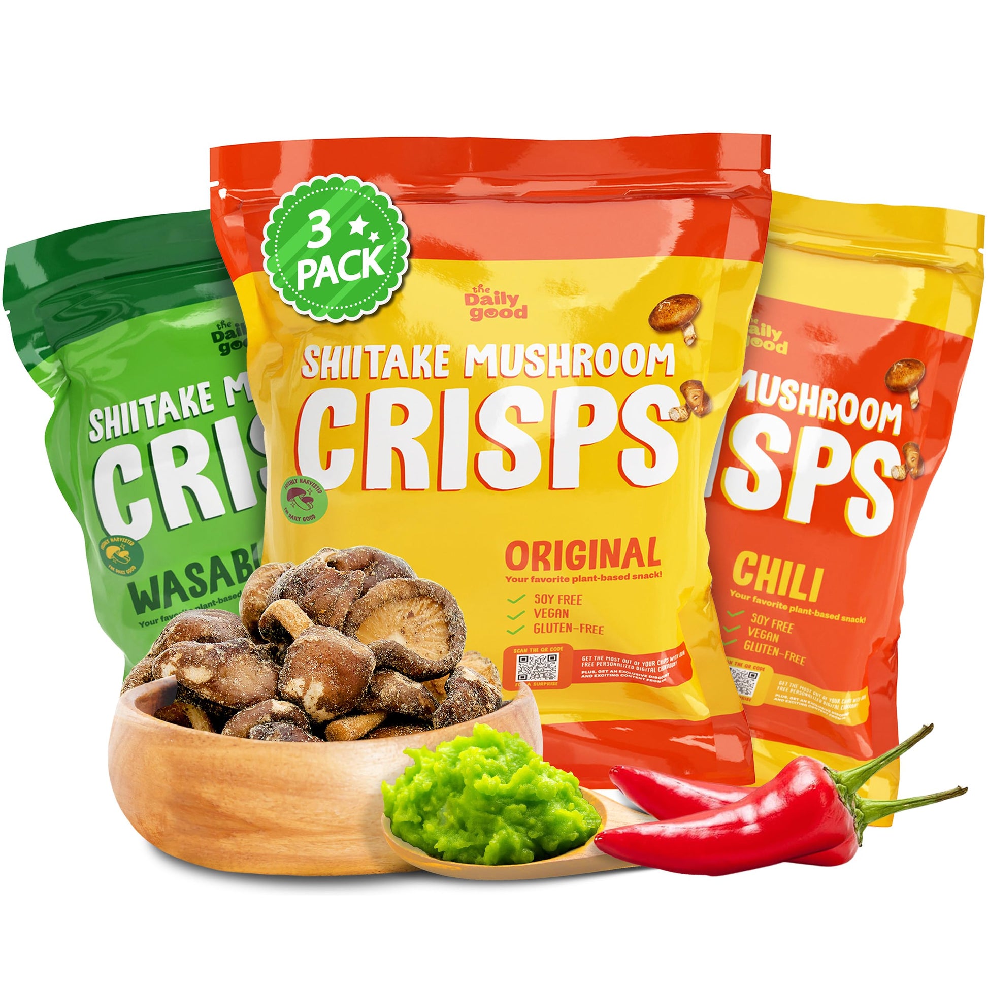 The Daily Good Shiitake Mushroom Crisps - 3-Pack Mushroom Chips, Gluten-Free Mushroom Snack, Non-GMO, Original, Wasabi, and Mexi
