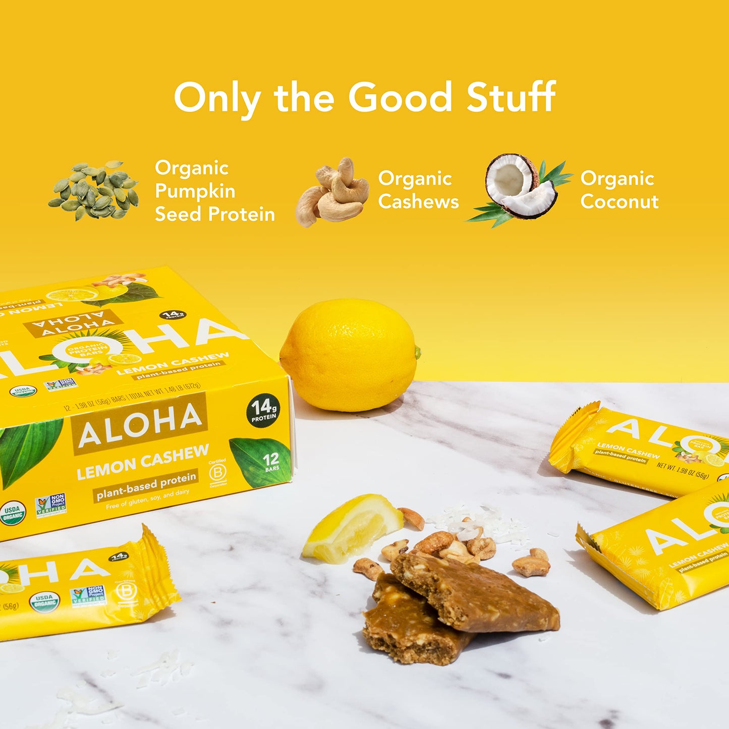 ALOHA Organic Plant Based Protein Bars - Lemon Cashew - 12-Count - Vegan, Low Sugar, Gluten-Free, Paleo, Low Carb, Non-GMO, No S