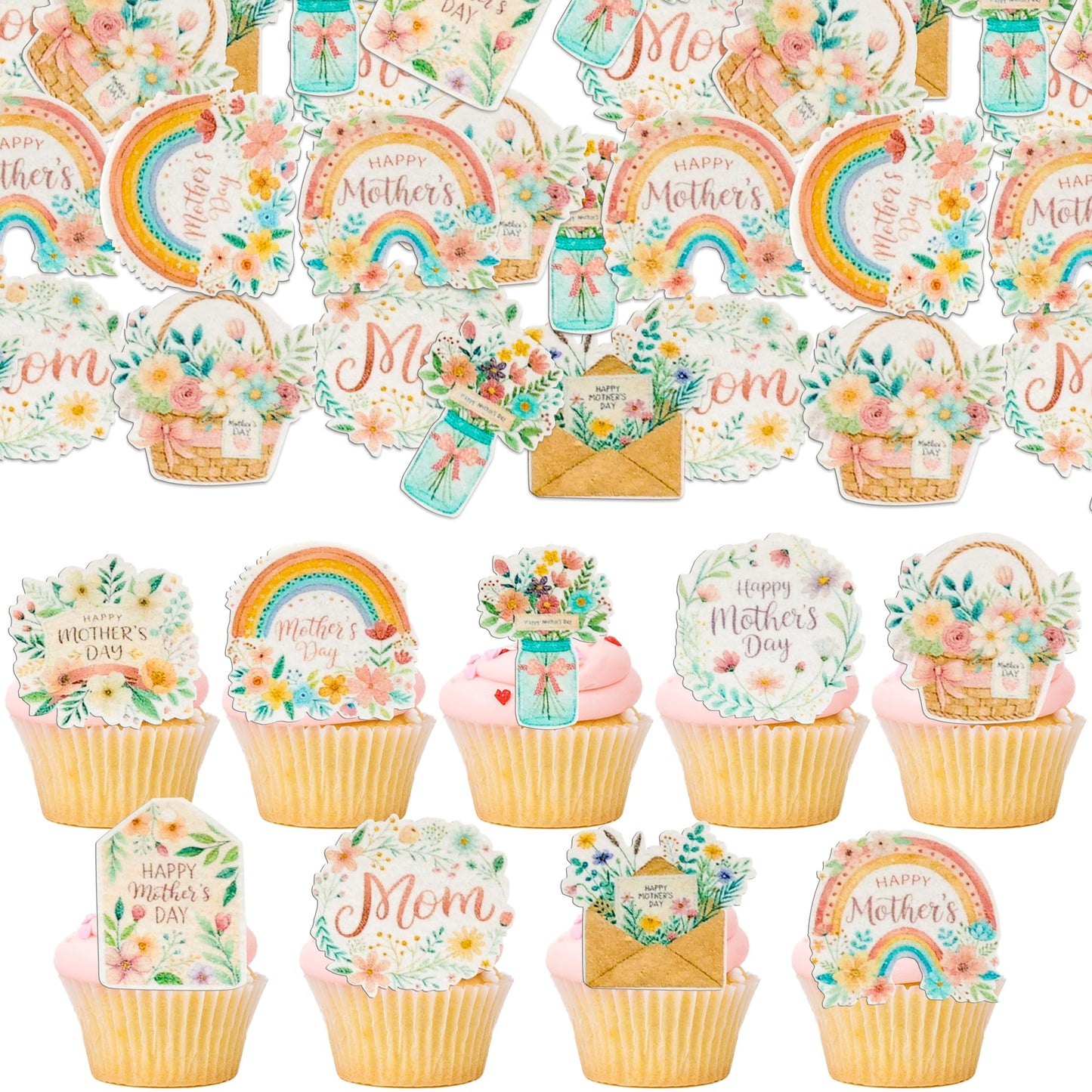 Ephlyn Cupcake Toppers 54 Pcs Edible Rainbow Flowers for Mothers Day Cake Decoration Pink