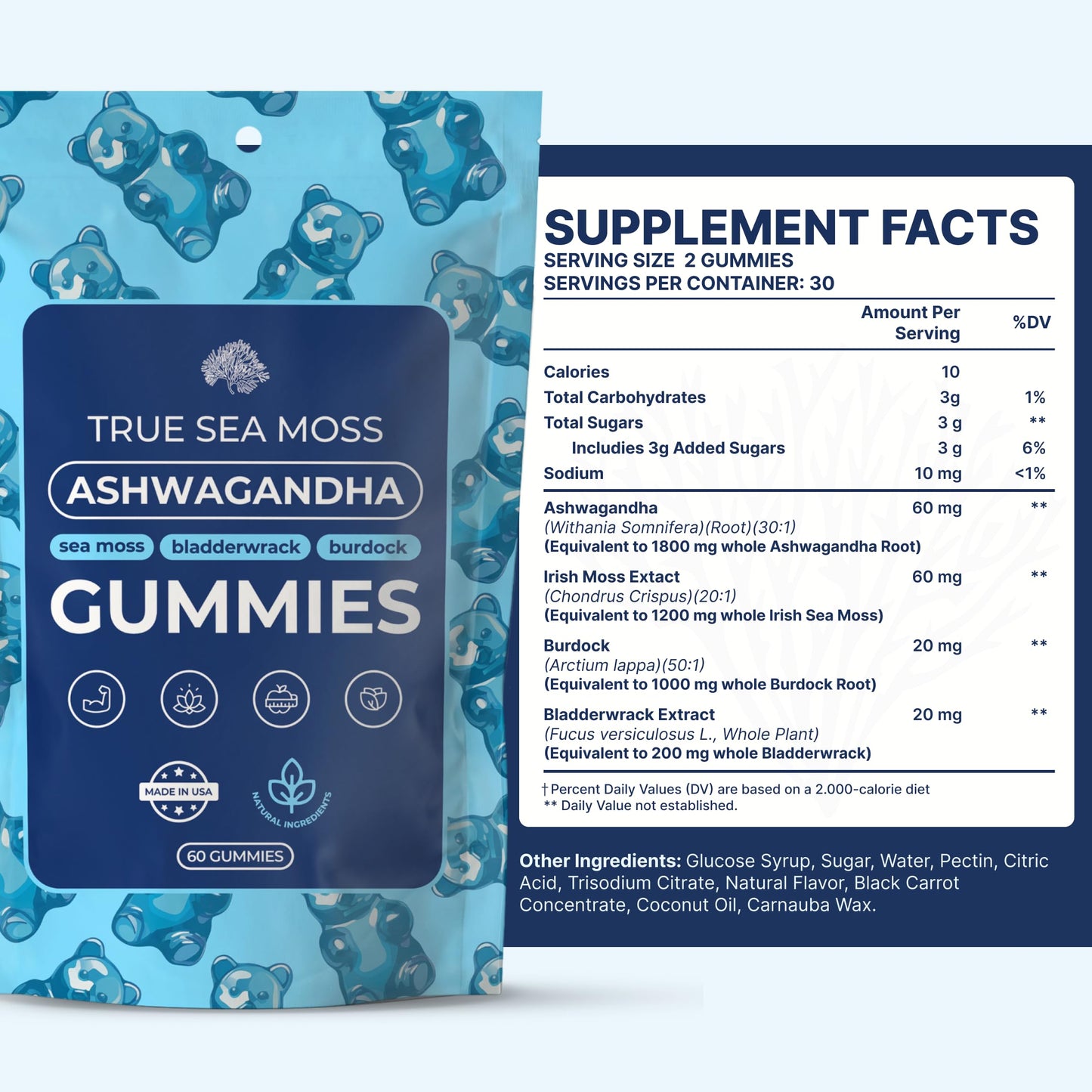 TrueSeaMoss Ashwagandha Gummies for Women & Men - Vegan Formula with Sea Moss  Bladderwrack & Burdock Root - 60 Gummies (30-Day Supply)