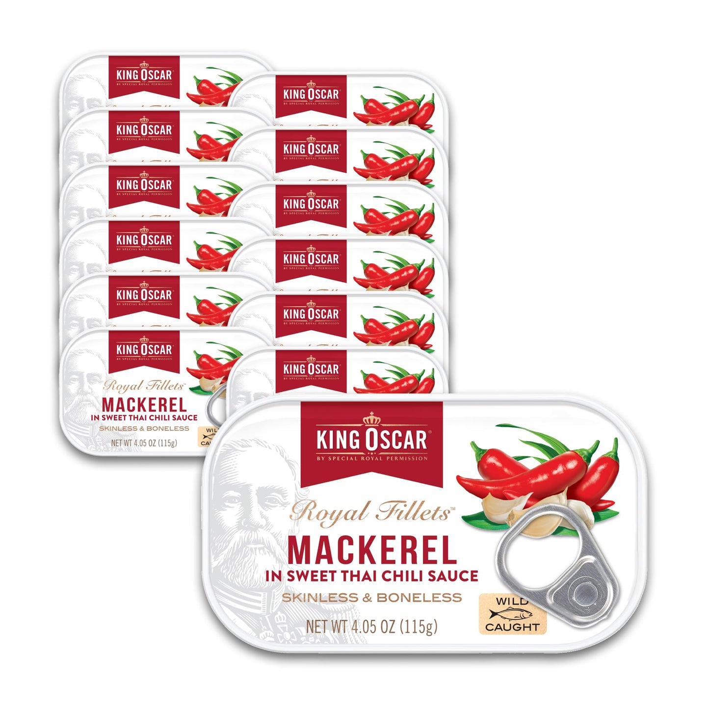 King Oscar Mackerel in Sweet Thai Chili Sauce  4.05 Ounce Can (Pack of 12)  Skinless & Boneless  Wild Caught Canned Mackerel
