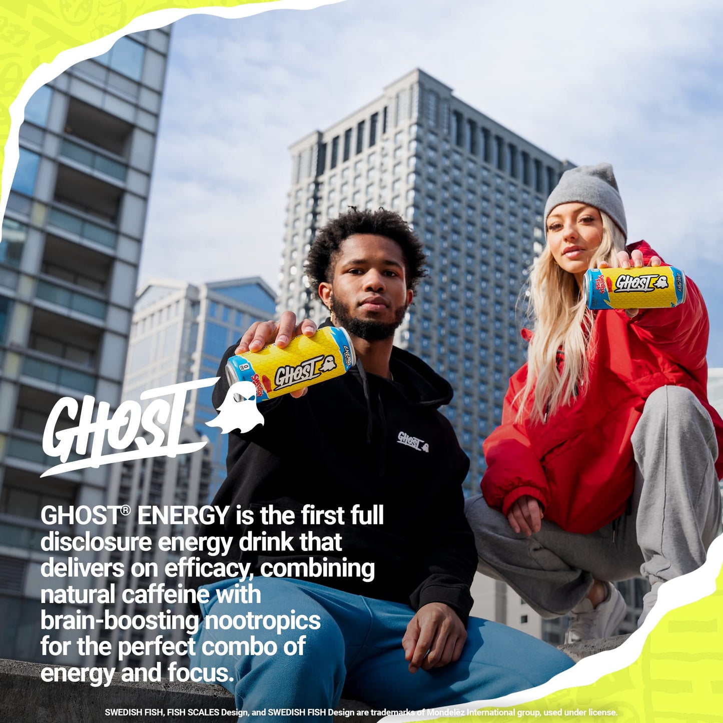 GHOST Energy Drink - 12-Pack  Swedish Fish  16oz Cans - Energy & Focus & No Artificial Colors - 200mg of Natural Caffeine  L-Carnitine & Taurine - Gluten-Free & Vegan