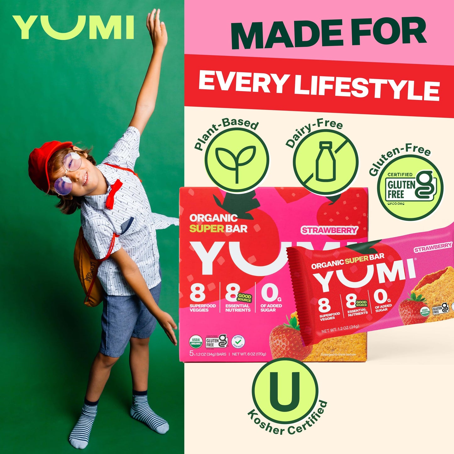 Yumi Organic Breakfast Superbar, Gluten-Free, No Added Sugar, 7+ Vegetables, Soft-Baked Crust, Healthy Snack Bars For Kids, School Safe, Healthy Alternative To Granola Bars Or Cereal Bars, Strawberry (30Ct)