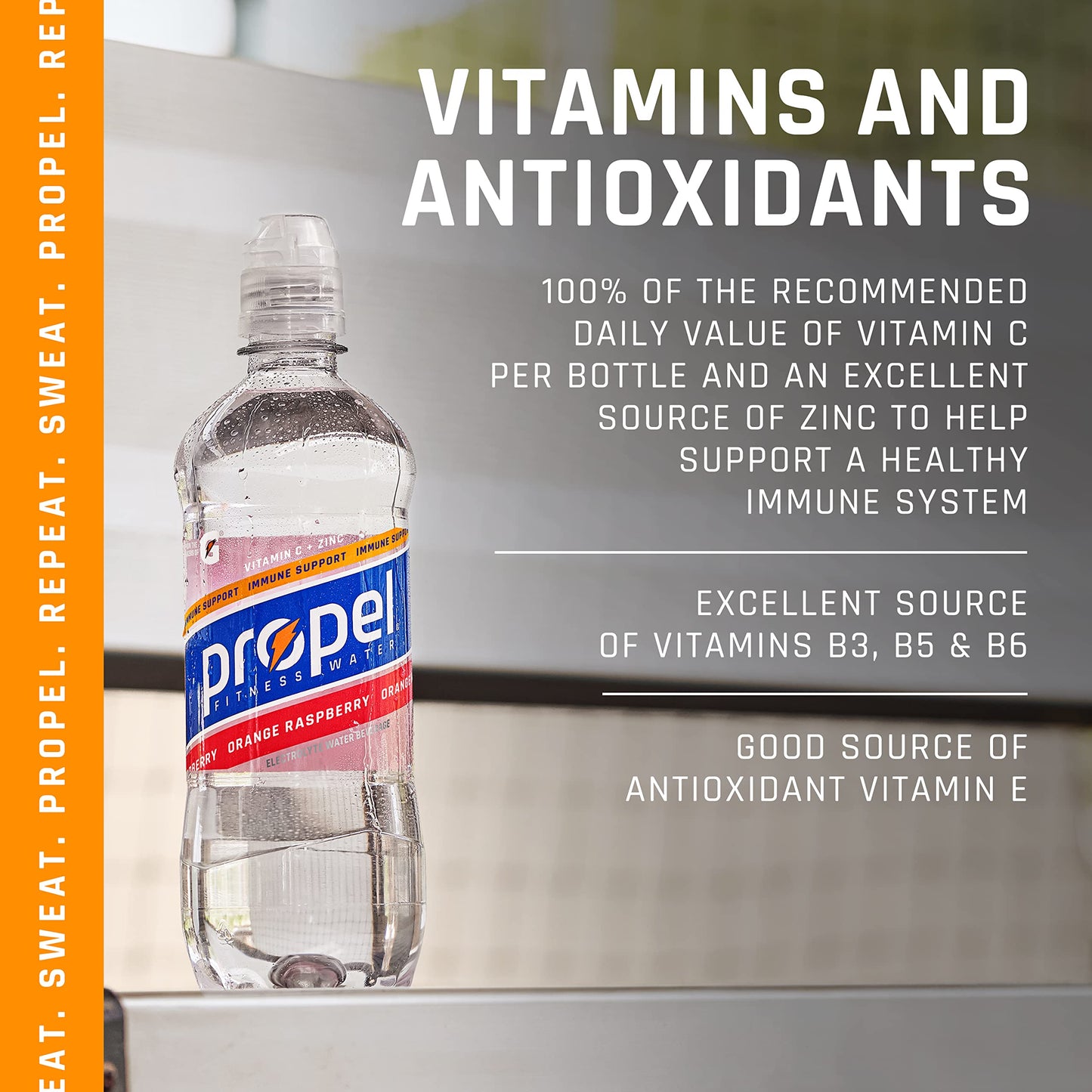 Propel Immune Support Electrolyte Enhanced Water Sports Drink, Orange Raspberry Flavored Water, 100% DV Vitamin C + Zinc, Zero C