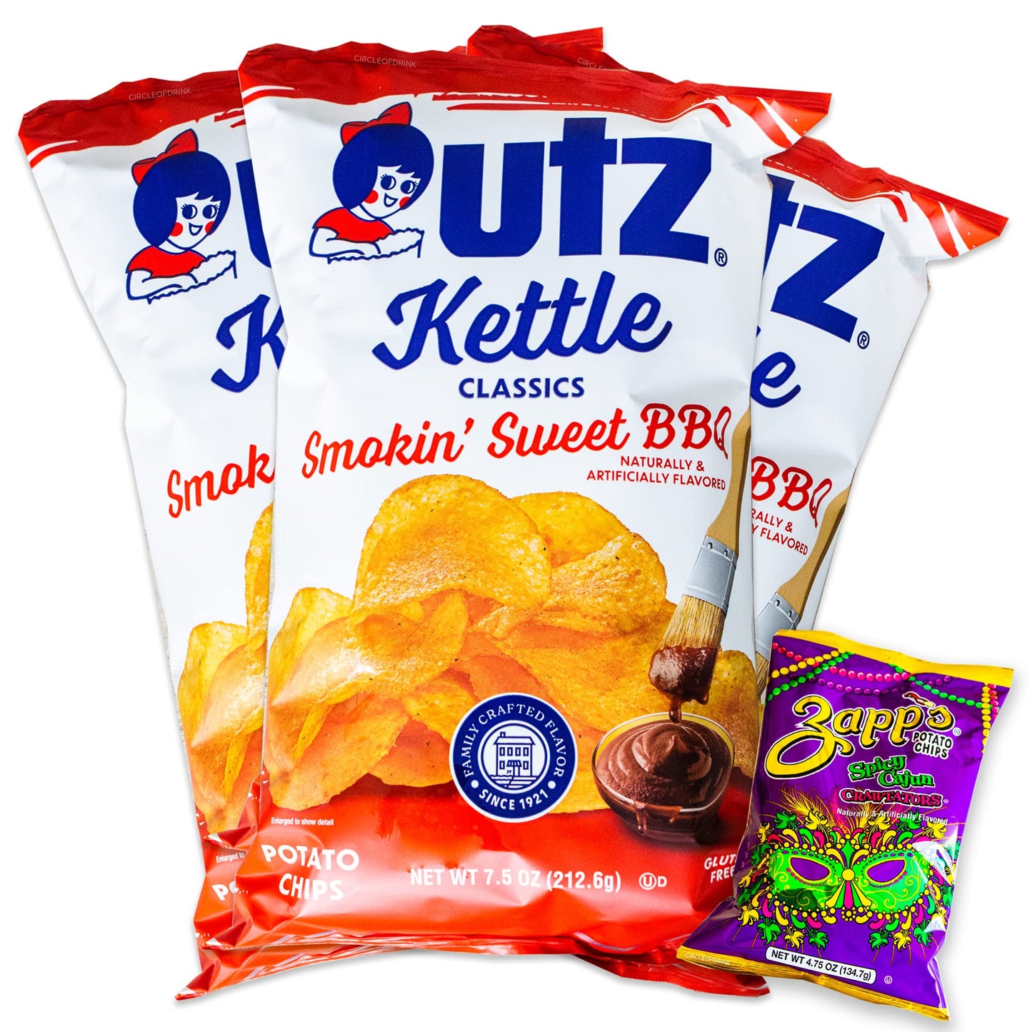 Utz Smokin Sweet BBQ Kettle Potato Chips - (3, 7.5oz bags) - Variety Pack - Zapps Spicy Cajun Crawtators (1, 4.75oz) - 4 Items 