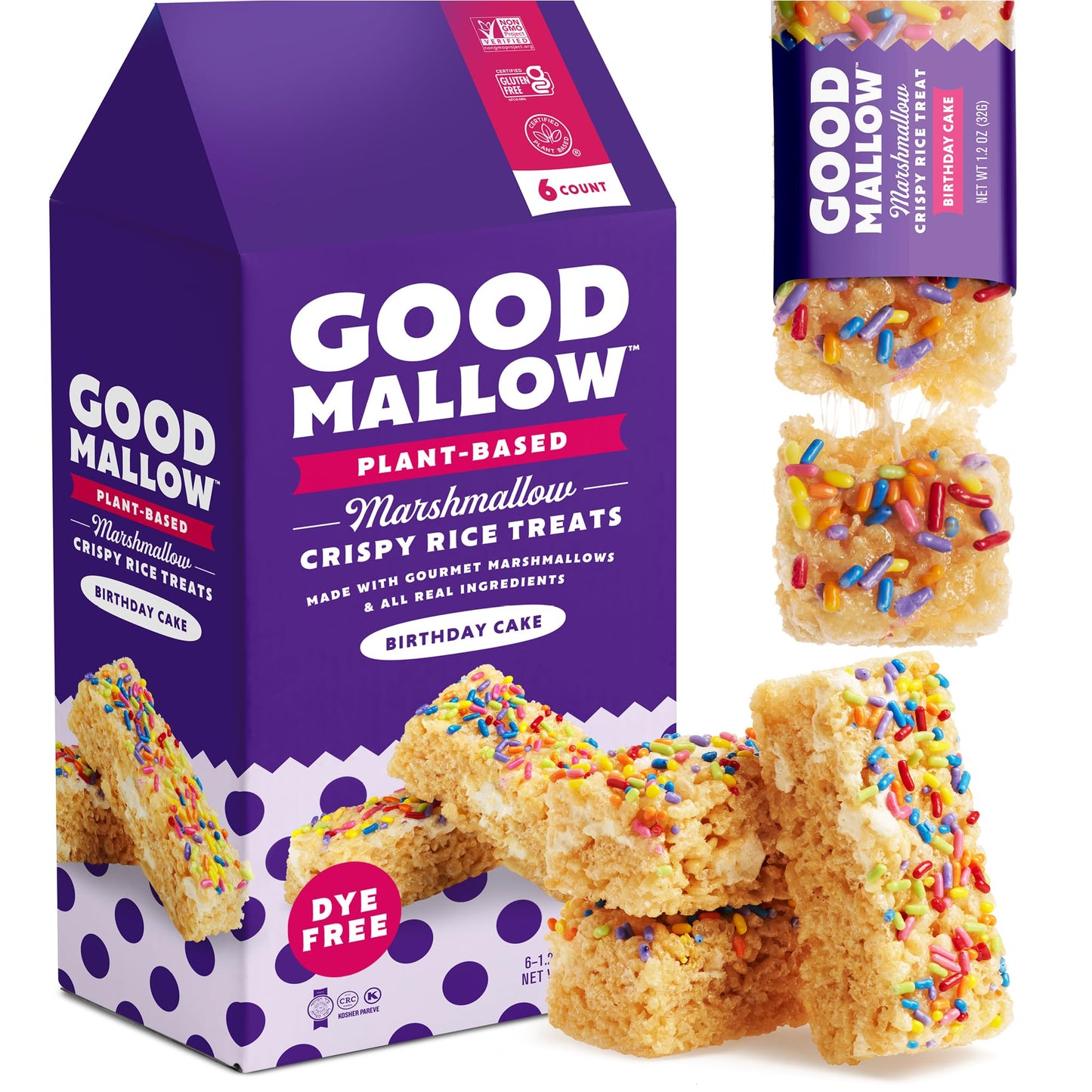 GoodMallow Vegan Rice Crispy  Individually Wrapped Box of 6  Kosher Vegan Snacks  Gluten Free Dairy Free Snacks for Kids & mature-themeds - Healthy Sweets Made with Gourmet Marshmallows (Birthday Cake)
