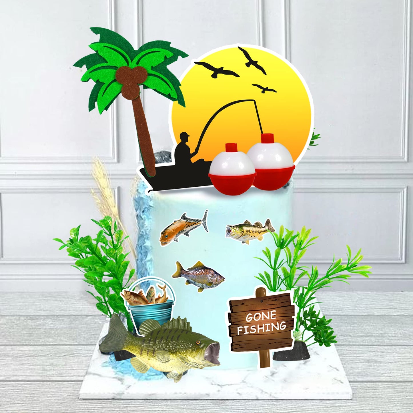 DRWATE 17 PCS Gone Fishing Cake Topper Set, Fisherman Themed Birthday Decorations, Paper, Model GCMGG10007