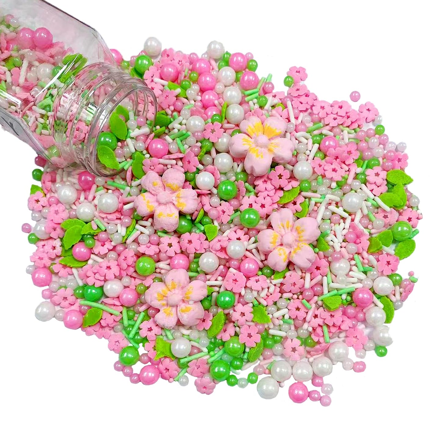 Sentovac Pink Flowers Sprinkles Edible Spring Green Peals Sprinkles For Cake Decorating Candy Cupcake Cake Topper Cookie Baking