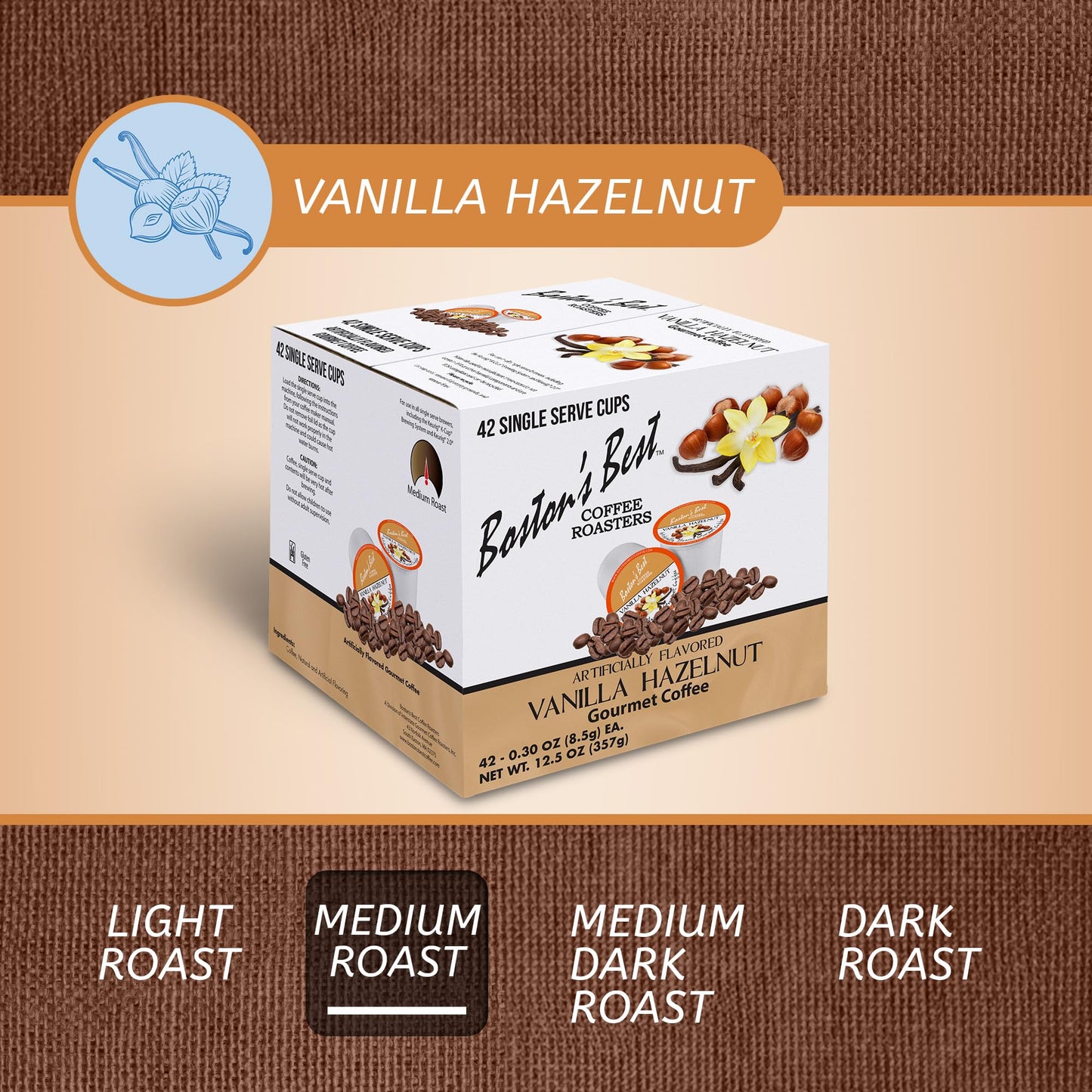Bostons Best Vanilla Hazelnut Medium Roast Coffee, 42 Single Serve Cups, Compatible with Keurig Coffee Maker