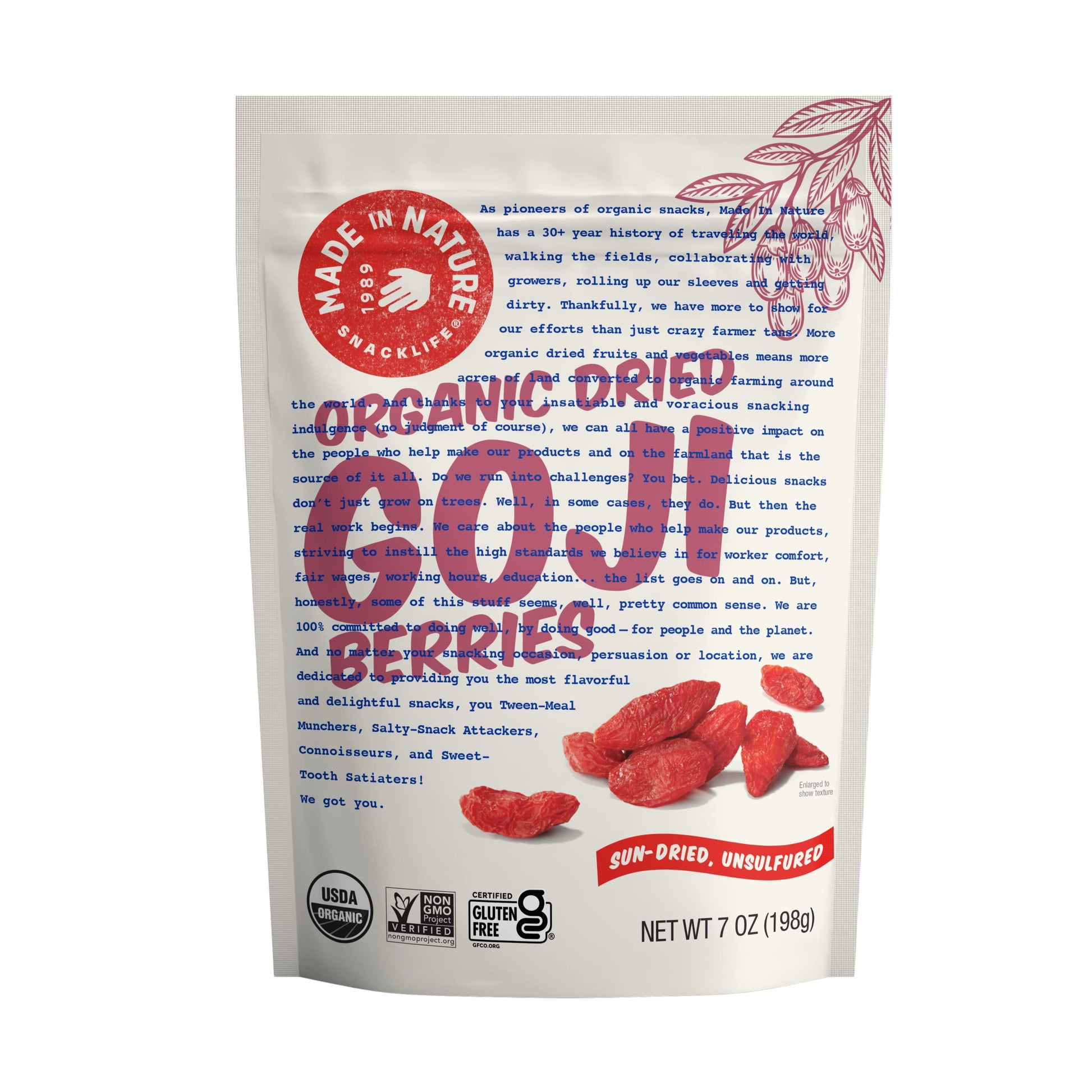Made In Nature Organic Dried Goji Berries, Non-Gmo, Gluten Free, Unsulfured, Vegan Snack, 7Oz (Pack Of 1), Packaging May Vary