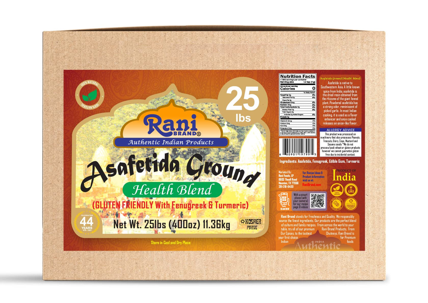 Rani Asafetida (Hing) Ground Health Blend w/Fenugreek and Turmeric 400oz (25lbs) 11.36kg Bulk Box ~ All Natural | Salt Free | Ve