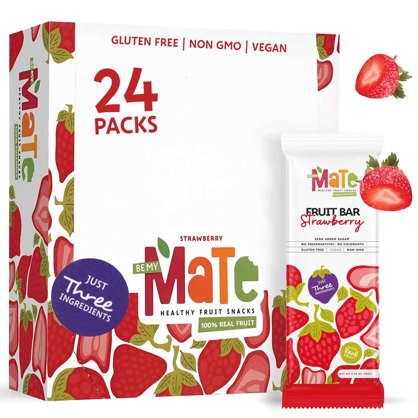 Mate Apple + Strawberry Healthy Snack, 100% Natural Real Fruit Bar & Gluten-Free & Vegan & Non GMO & Kosher - Zero Added Sugar, 