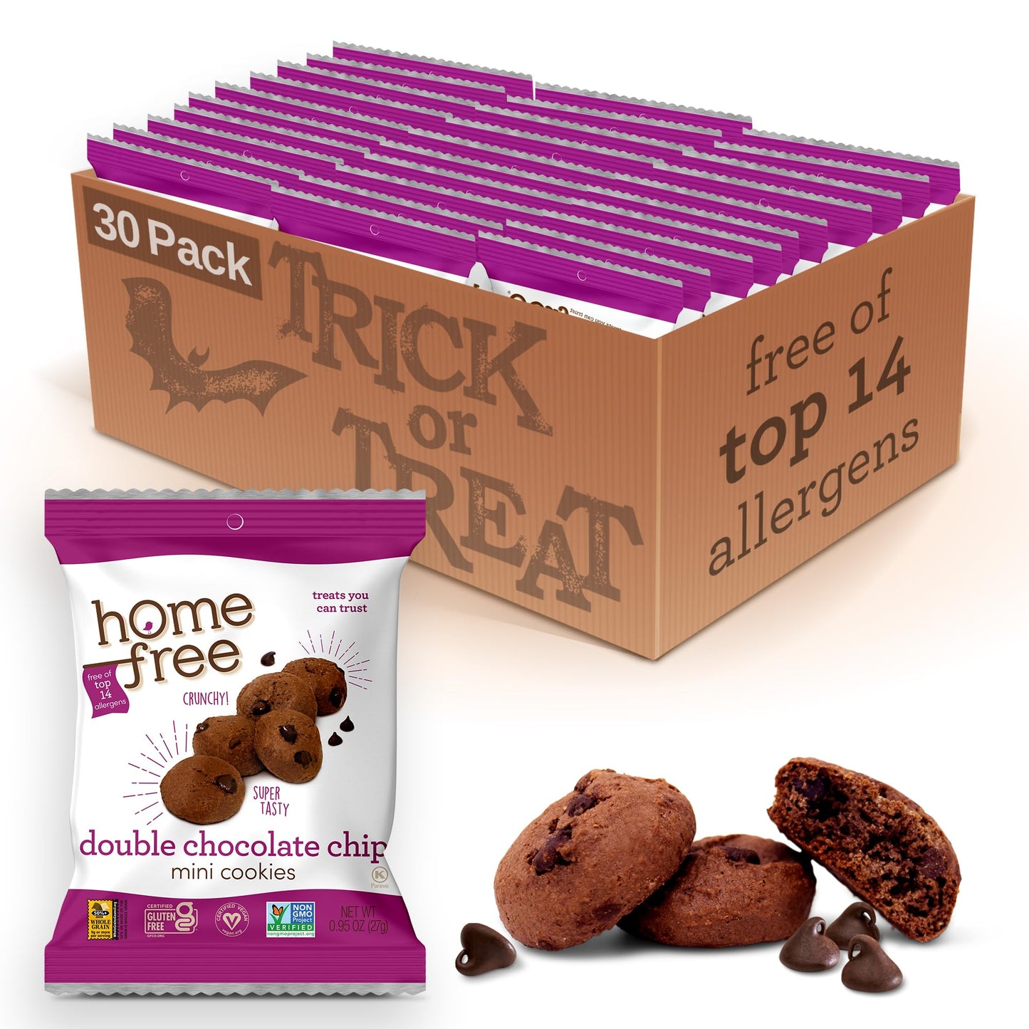 Homefree Bulk Mini Double Chocolate Chip Cookies, Gluten Free, Nut Free, Vegan, Individually Wrapped Packs, School Safe and Alle