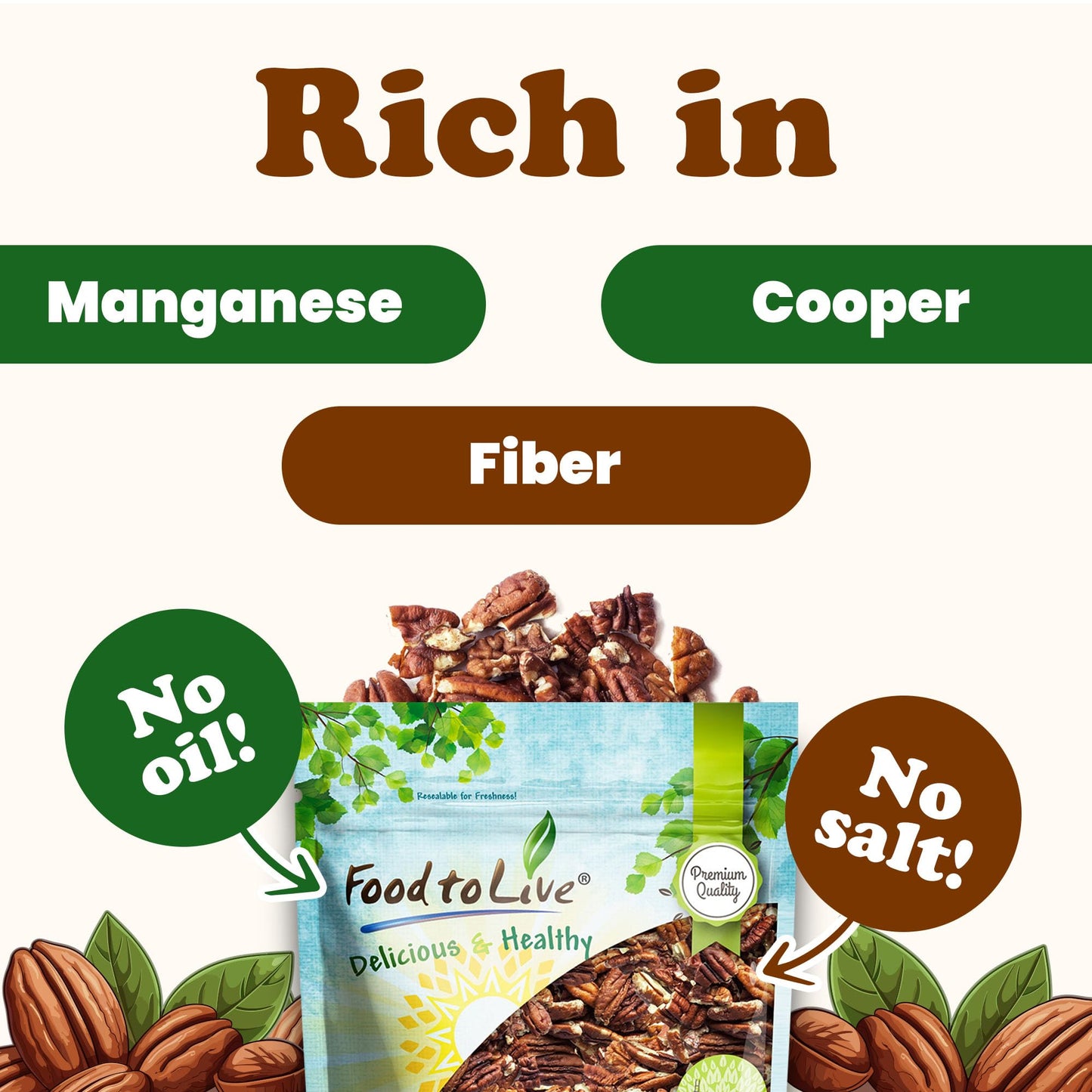 Food to Live Dry Roasted Pecan Pieces, 8 Ounces - Rich in Flavor and Crunch, Oven Roasted, No Oil Added, Unsalted, Perfect for C