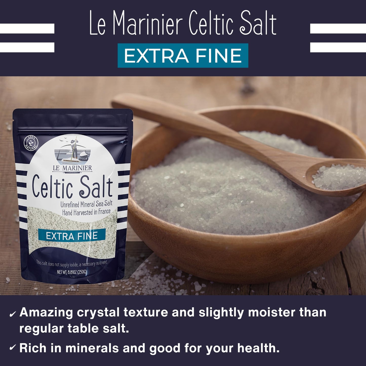 LE MARINIER CELTIC SALT Extra Fine French Sea Salt, 8.81oz, Unrefined Mineral Rich from the Celtic Sea