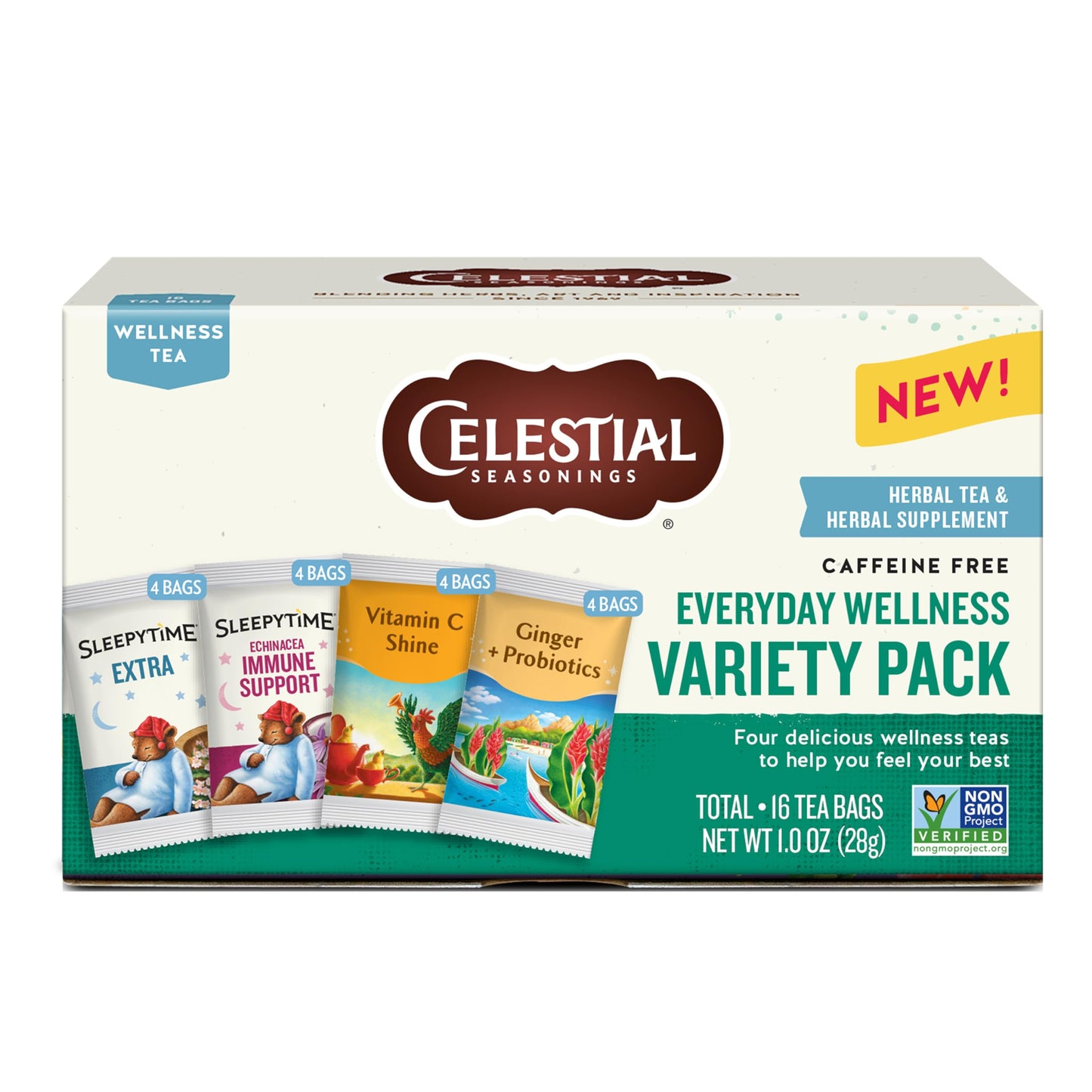 Celestial Seasonings Everyday Wellness Tea Variety Pack  Caffeine Free  16 Tea Bags Box