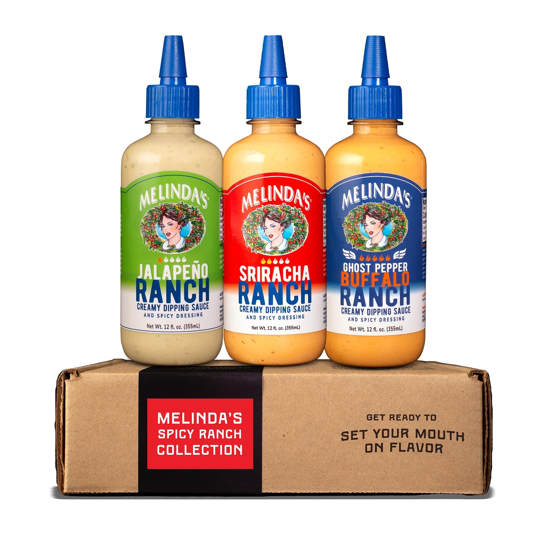 Melindas Spicy Ranch Collection - Variety Gourmet Sauce Gift Set with Creamy Sriracha, Ghost Pepper Buffalo & Jalapeno Ranch Dip