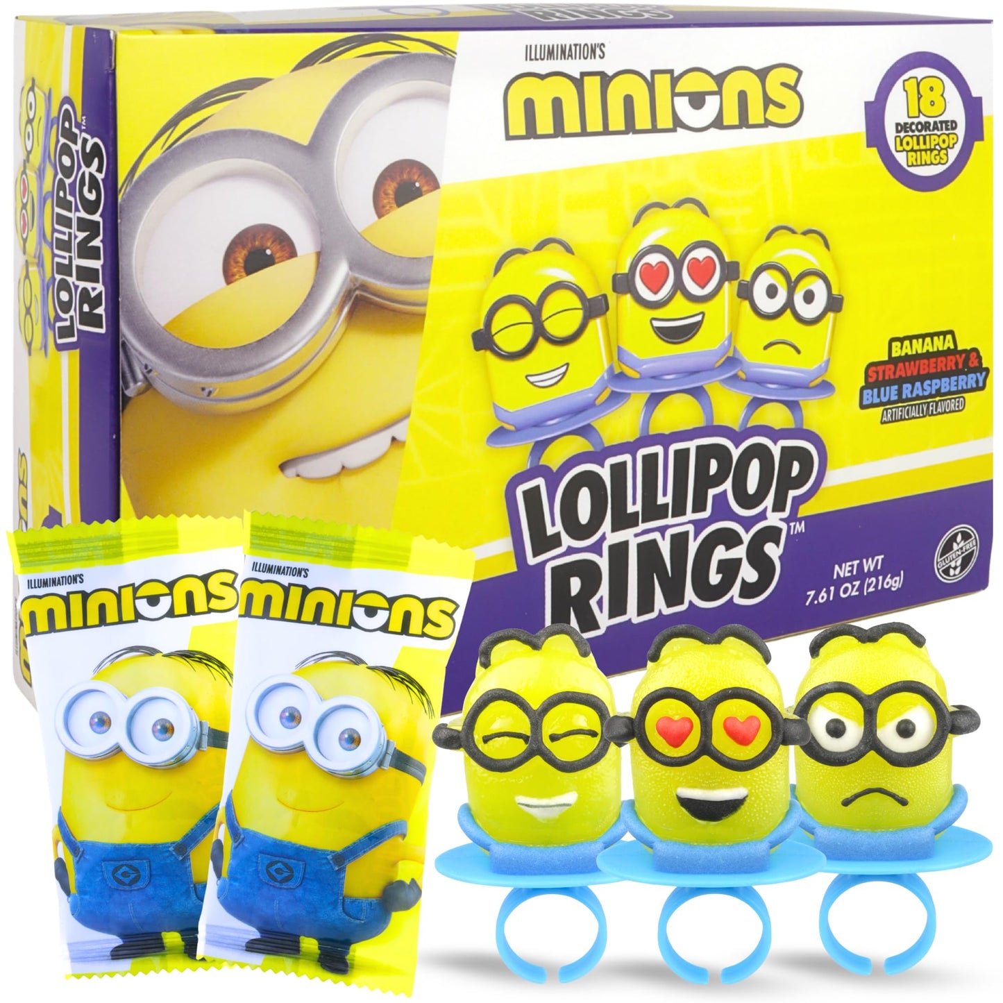 Minions Lollipop Rings, Individually Wrapped Candy For Birthday Party Favors, Assorted Flavors And Characters, 18 Suckers