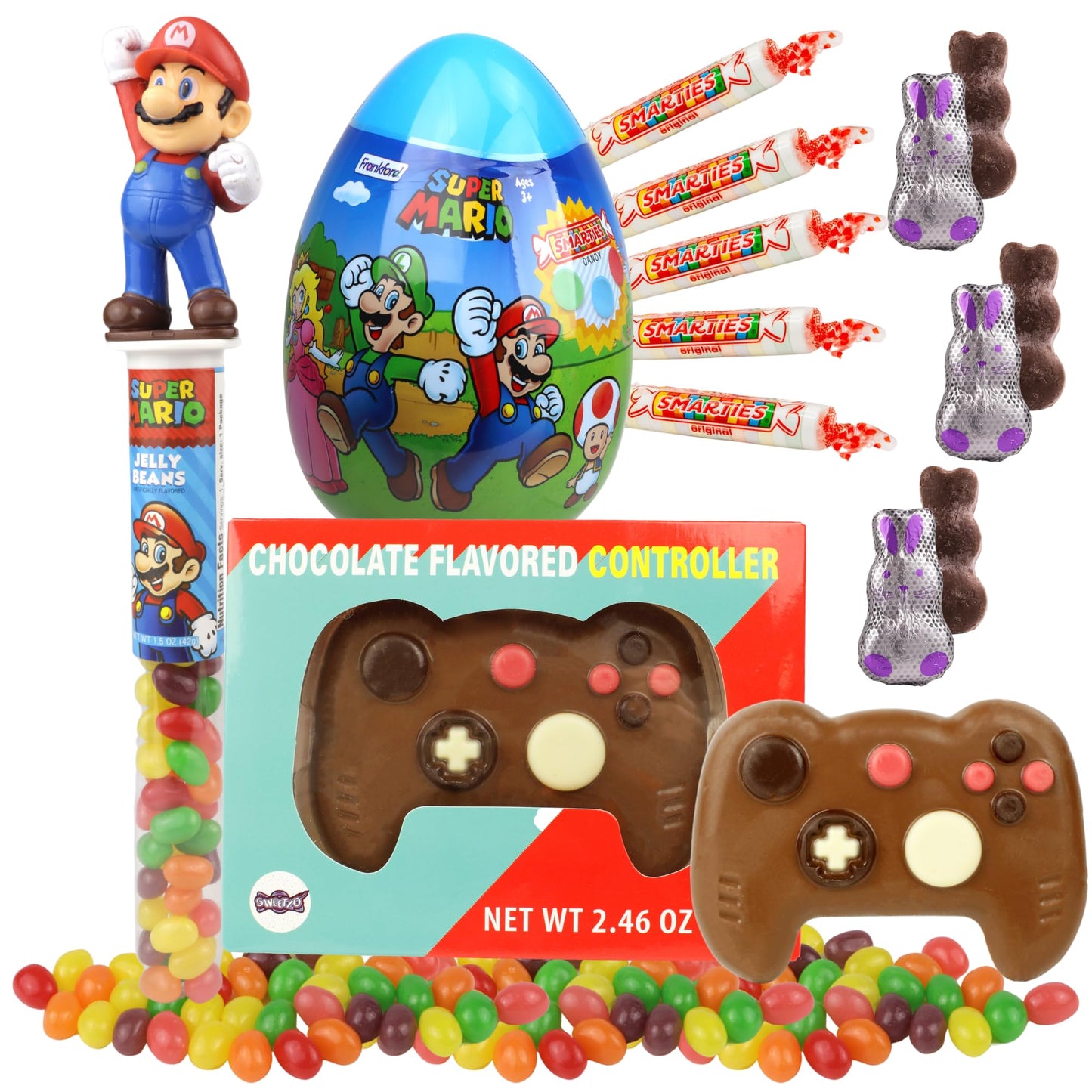 Sweetzo Easter Basket Candy Gift Set for Gamers, 4 Items, Medium Size, Includes Super Mario Egg, Jelly Beans, Chocolate Controller, Mini Bunnies