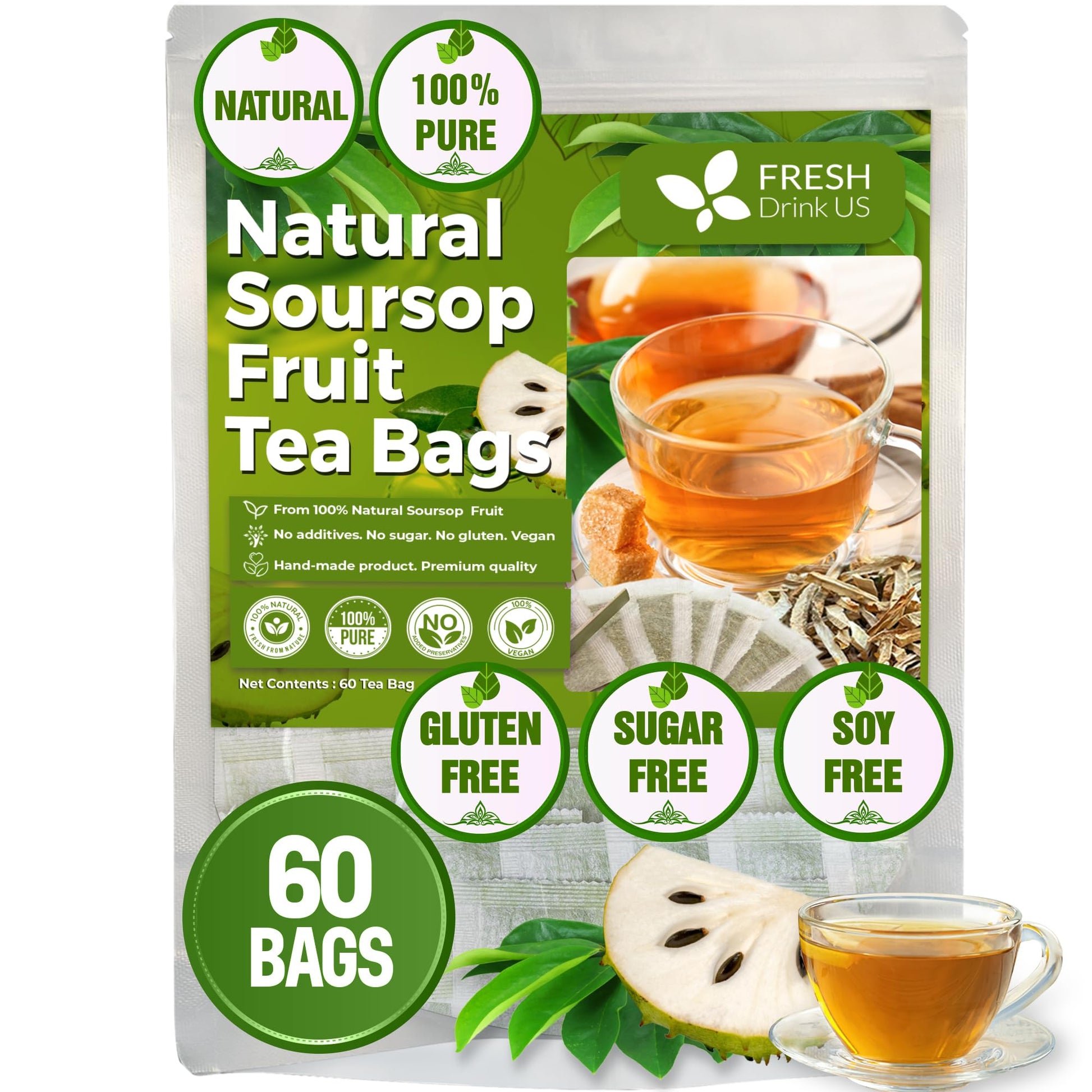 FRESHDRINKUS Soursop Graviola Fruit Tea Bags, 100% Natural, Sugar/Caffeine/Gluten Free, 60 Count