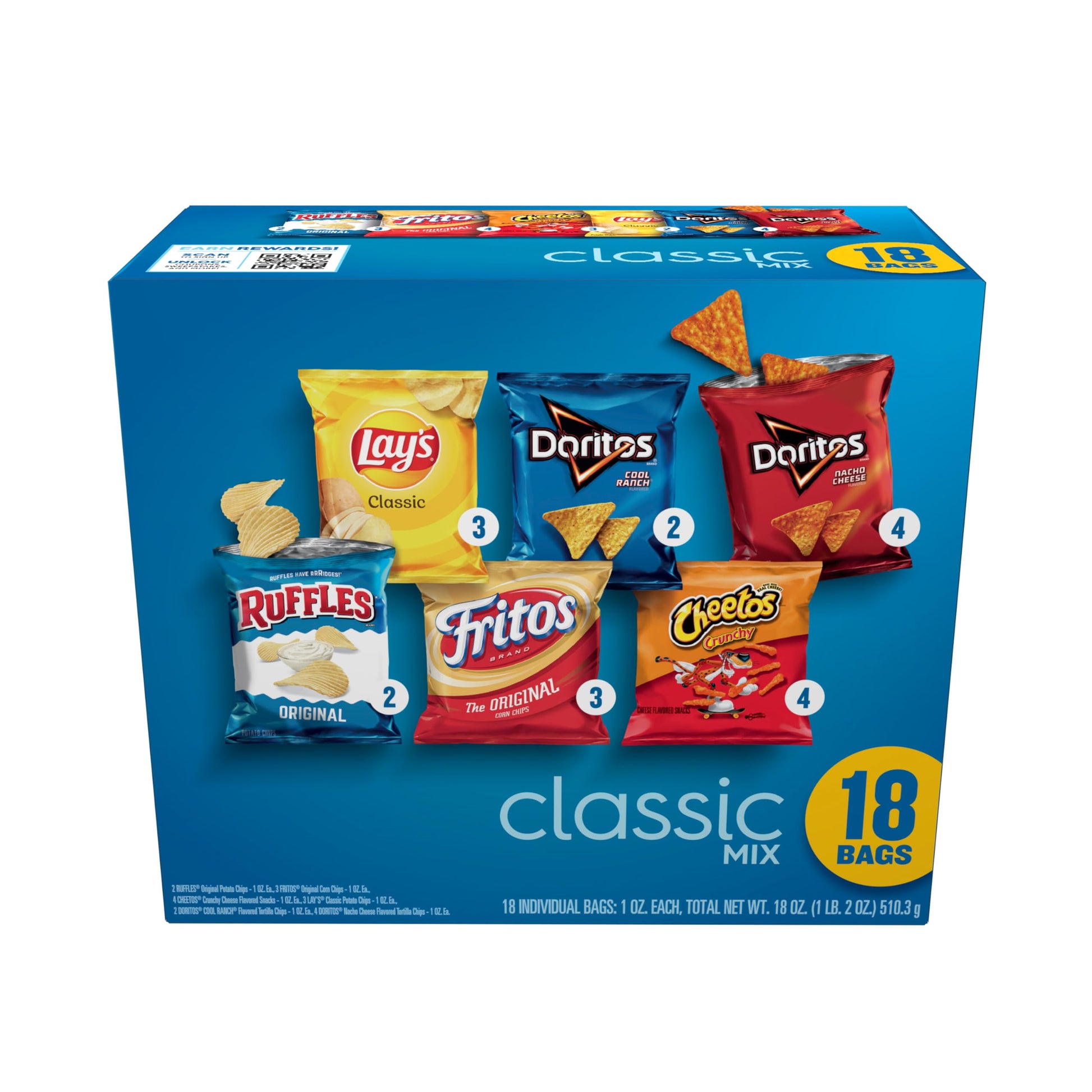 Frito-Lay Snacks Classic Mix Chips Variety Pack, Doritos, Lays Ruffles, Cheetos, Fritos, 18 Count(Pack of 1) (Assortment May Va