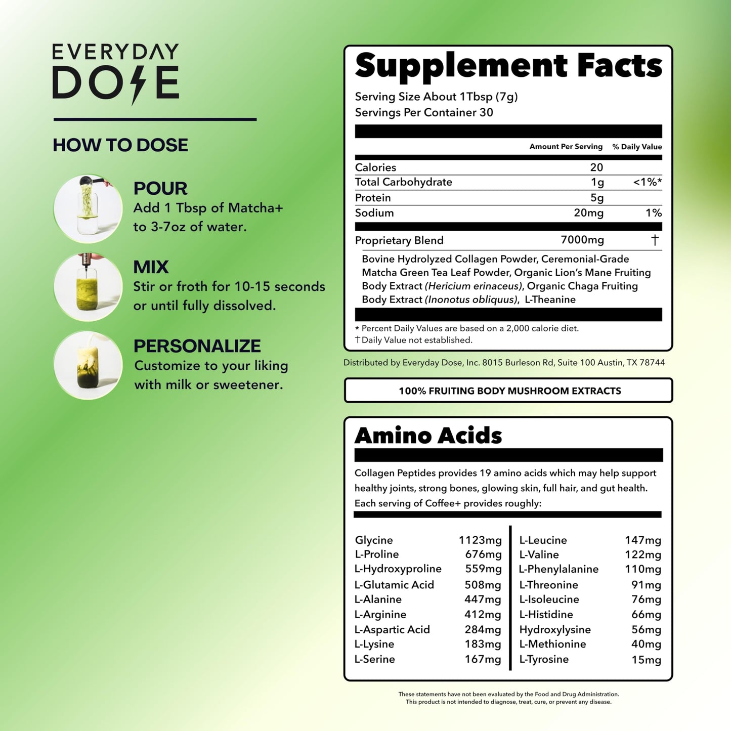 Everyday Dose Mushroom Matcha Powder with Collagen & L-Theanine - 6.3 oz