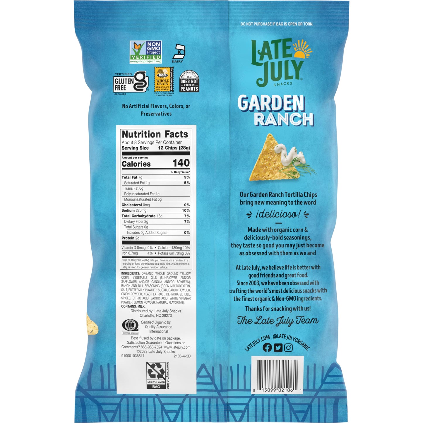 Late July Snacks, Garden Ranch Tortilla Chips, 7.8-oz. Bag