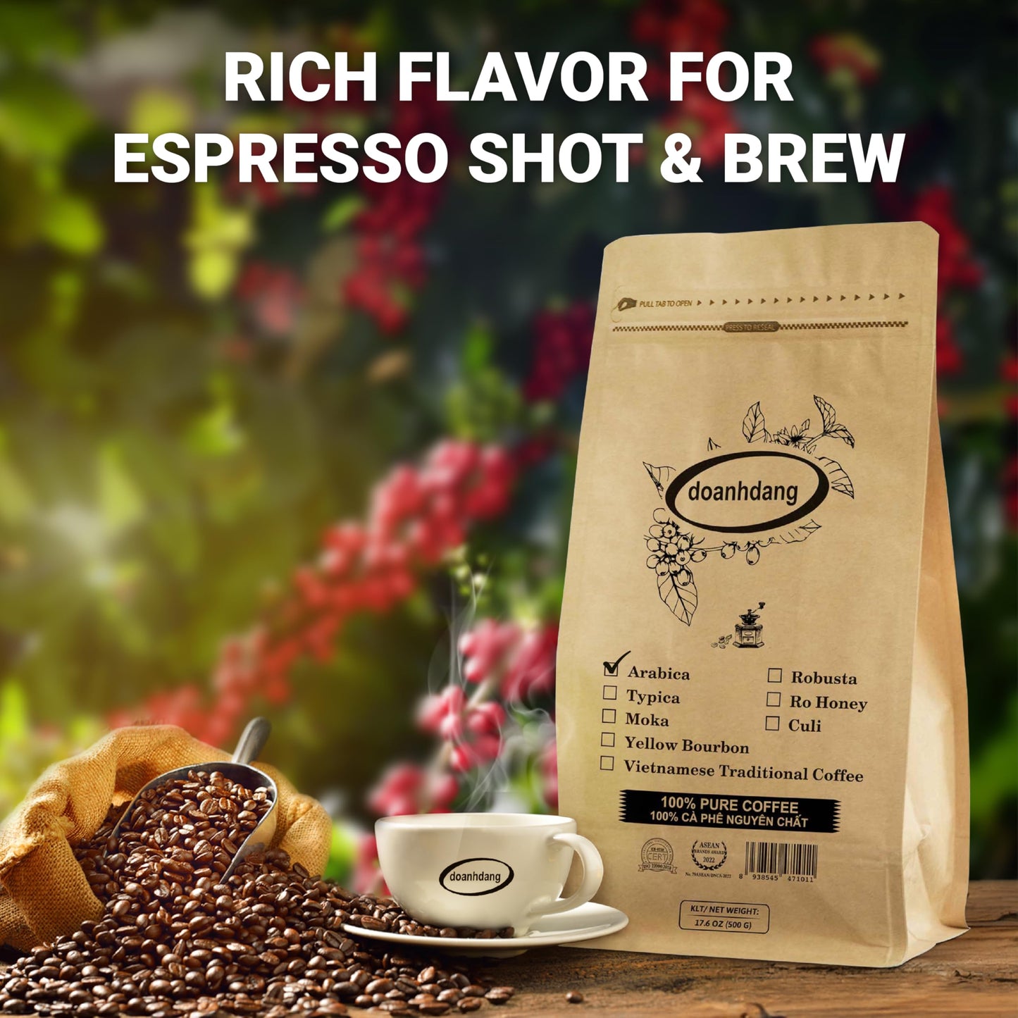 Doanhdang - 17.6 Oz Enhanced Arabica Whole Bean Coffee, 100% Arabica Medium Roast, Rich Flavor For Espresso And Brew, Origin From Vietnam, Whole Med Roast Beans