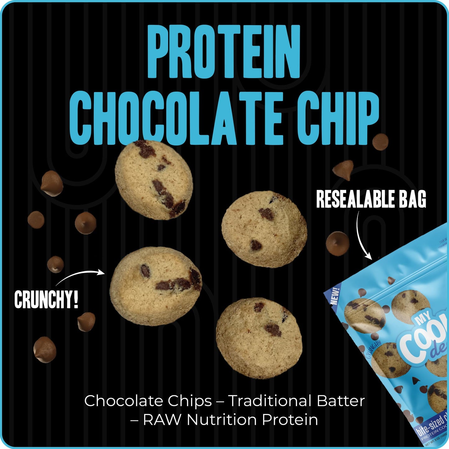 My Cookie Dealer Protein Cookies, Bite-Sized Crunchy Chocolate Chip (5Oz, Pack Of 3) - 25G Protein Per Bag - Individually Wrappe