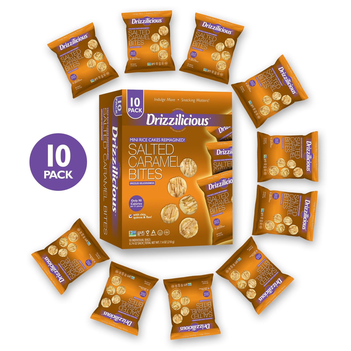 Drizzilicious Mini Rice Cakes Salted Caramel, Vegan & Gluten Free, Healthy Snack, 0.74 oz (Pack of 10), Only 90 Calories per Bag