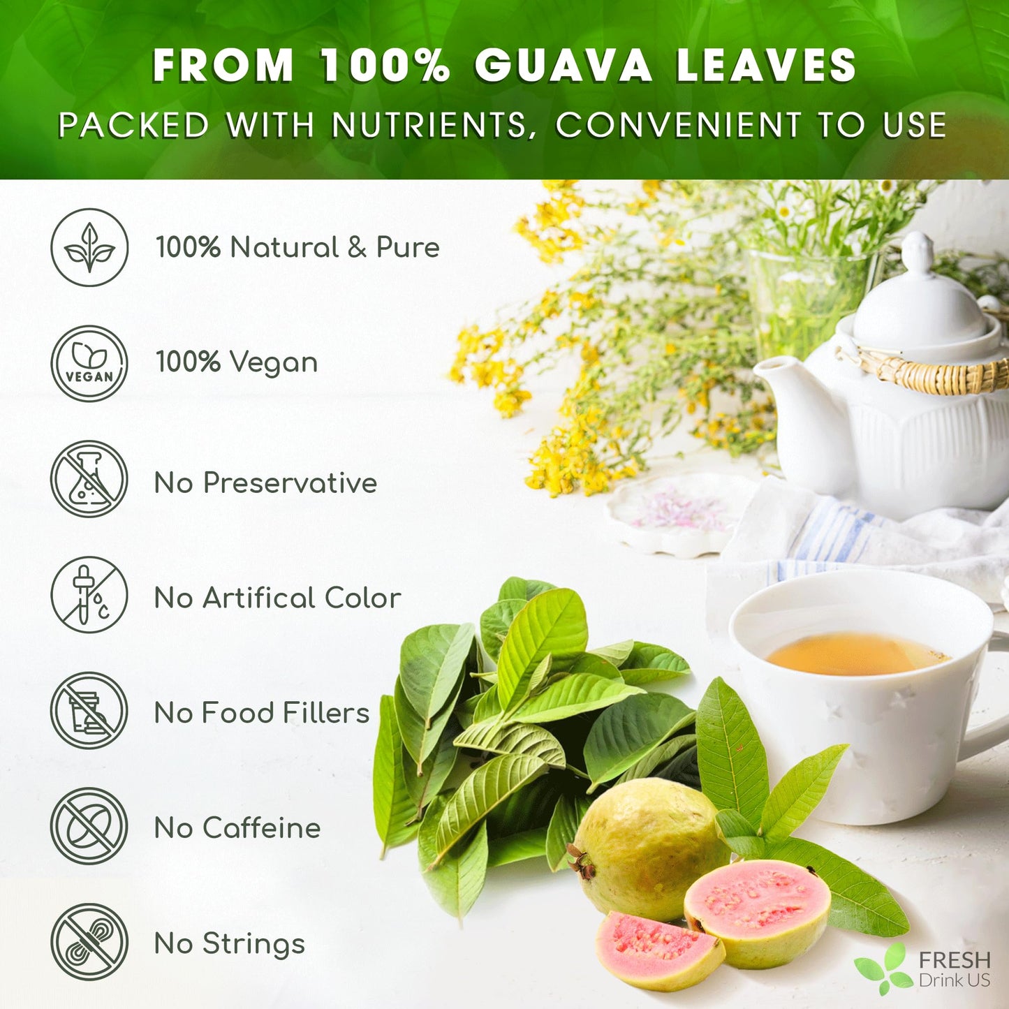 FreshDrinkUS  enhanced 135 Guava Leaf Tea Bags  Handmade  From Great Origin  100% Natural and Pure. Guava Tea  Loose Leaf Herbal Tea. No Sugar/Caffeine/Gluten  Vegan.