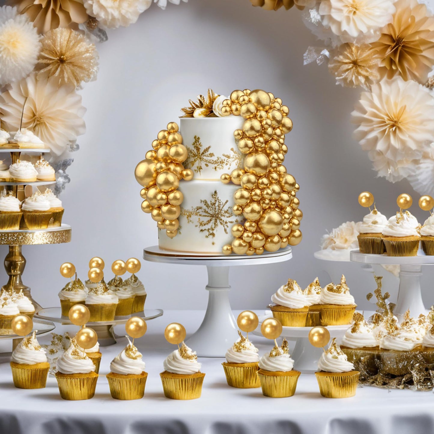 RASSLISA 113 PCS Colorful Ball Cake Picks - Pearl Balls Cupcake Toppers for Birthday Party & Wedding, Gold