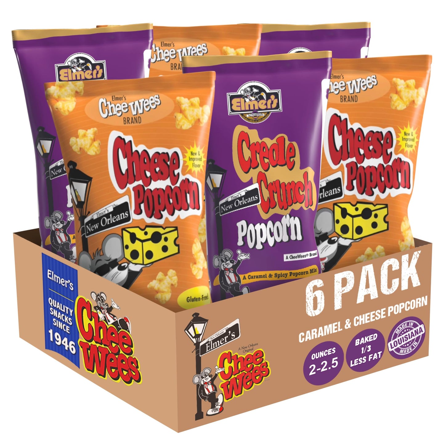 Elmer's New Orleans Popcorn Creole Crunch/Cheese Combo, Caramel & Hot-N-Spicy Combo 2oz, Pack of 6