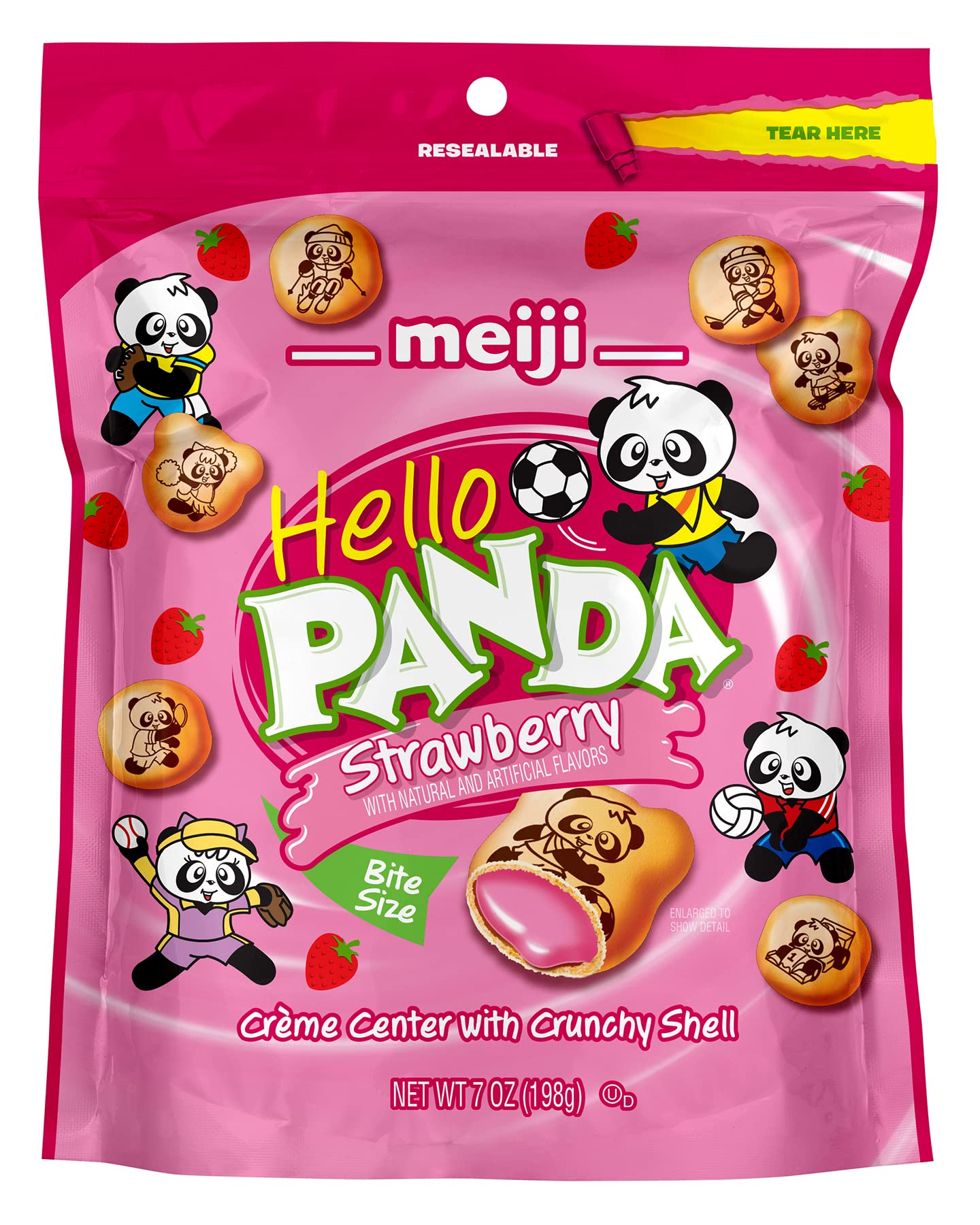 Meiji Hello Panda Cookies, Strawberry Crme Filled - 7 Oz, Pack of 6 - Bite Sized Cookies with Fun Panda Sports