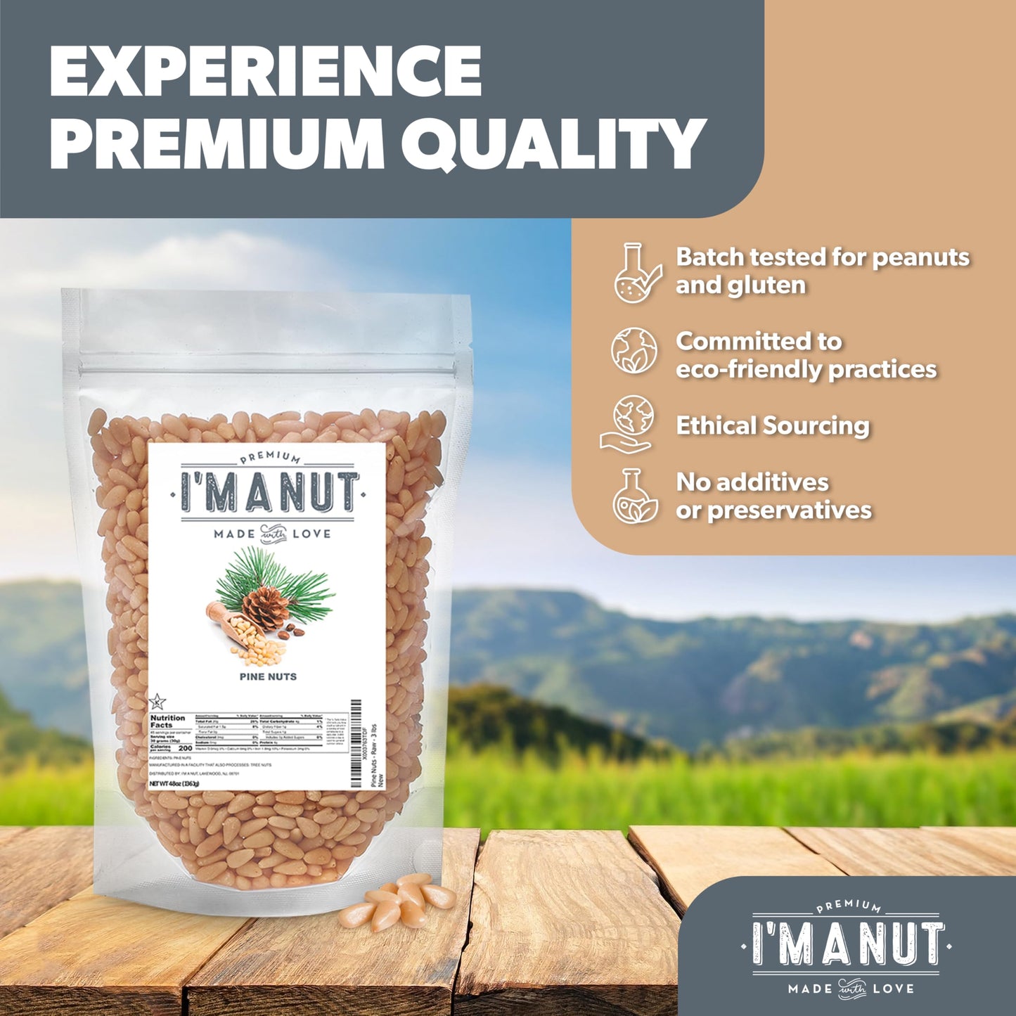 Premium Raw Pine Nuts 48Oz (3 Lbs.) Non-Gmo, No Additives Batch Tested Gluten & Peanut Free, Resealable Pouch For Freshness, Uns