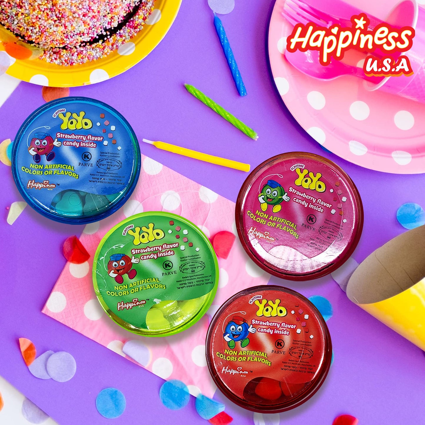 Happiness USA YoYo FIlled with Strawberry Hard Candy Pack of 12 | Novelty Toy & Individually Wrapped Candy Variety Pack | No Art
