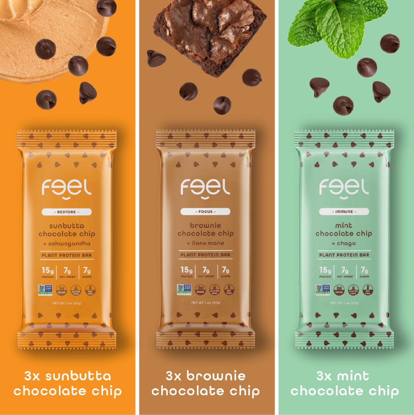 Feel Vegan Protein Bars | Chocolate Lovers | Keto | Gluten Free | Organic | Lions Mane | Chaga | Ashwagandha | 15G Protein | Low Sugar | Non Gmo | Sunbutta + Brownie + Mint - 9 Pack