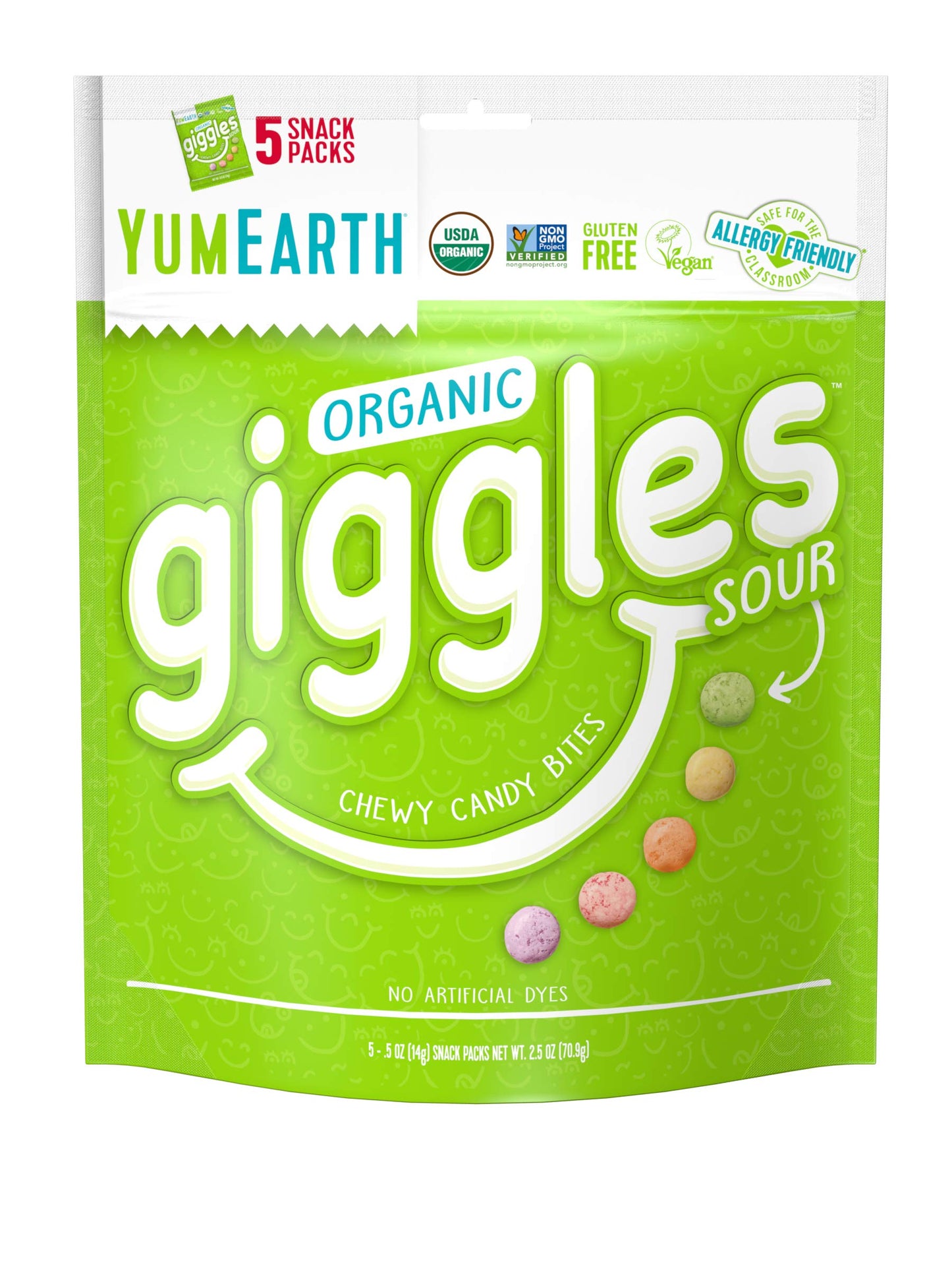 YumEarth Organic Giggles Sour Chewy Candy Bites, 60- 0.5 oz. Fruit Flavored Snack Packs, Allergy Friendly, Gluten Free, Non-GMO,