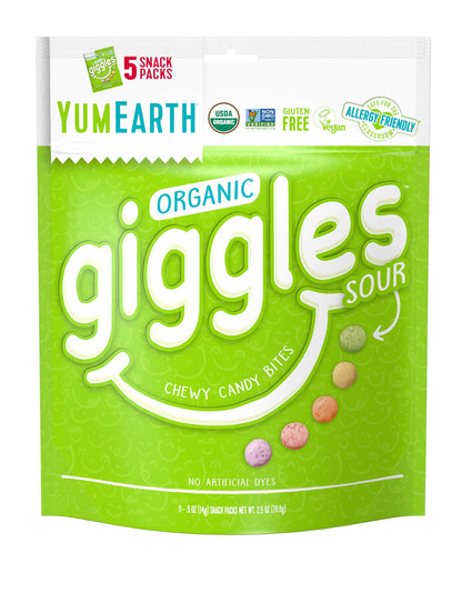 YumEarth Organic Giggles Sour Chewy Candy Bites, 60- 0.5 oz. Fruit Flavored Snack Packs, Allergy Friendly, Gluten Free, Non-GMO,