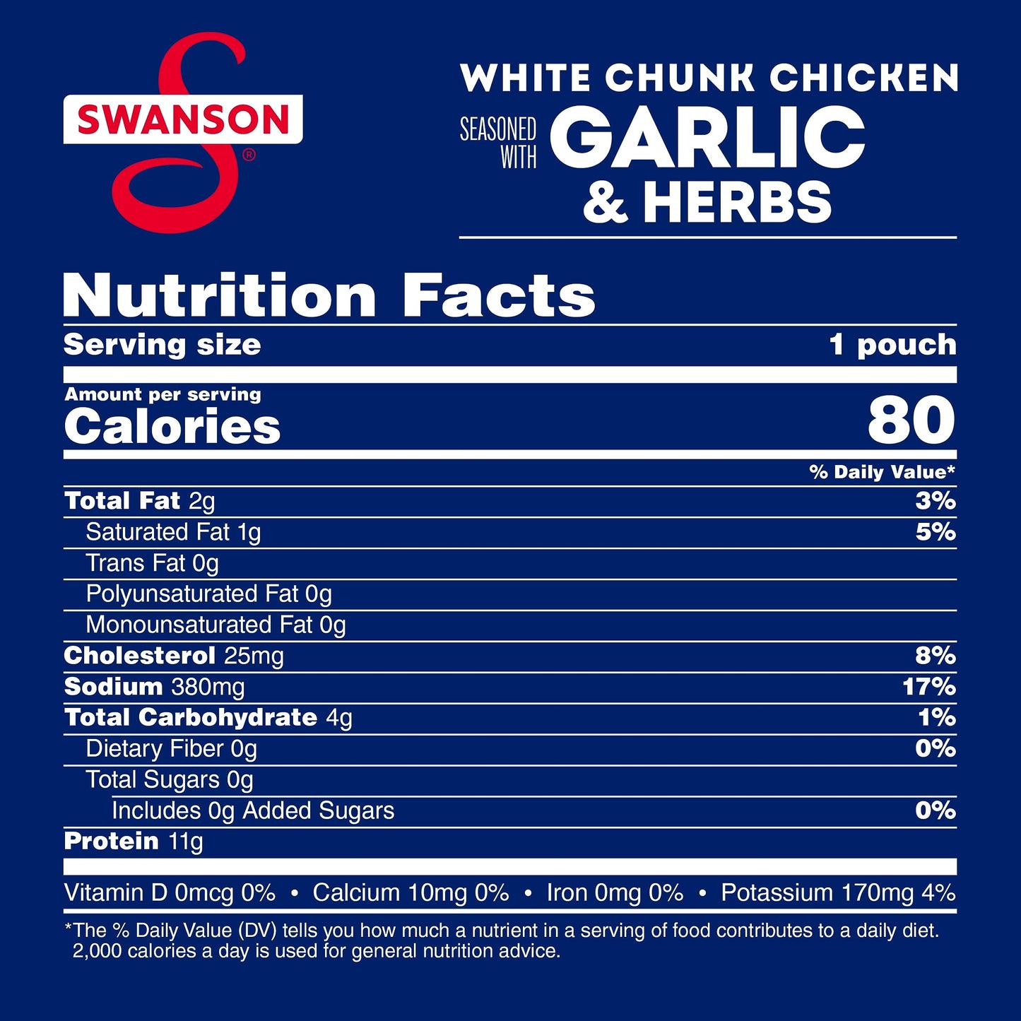 SWANSON S Garlic and Herbs Fully Cooked Chicken Pouch, 2.6 Oz, Ready to Eat, Simple On-the-Go Meals