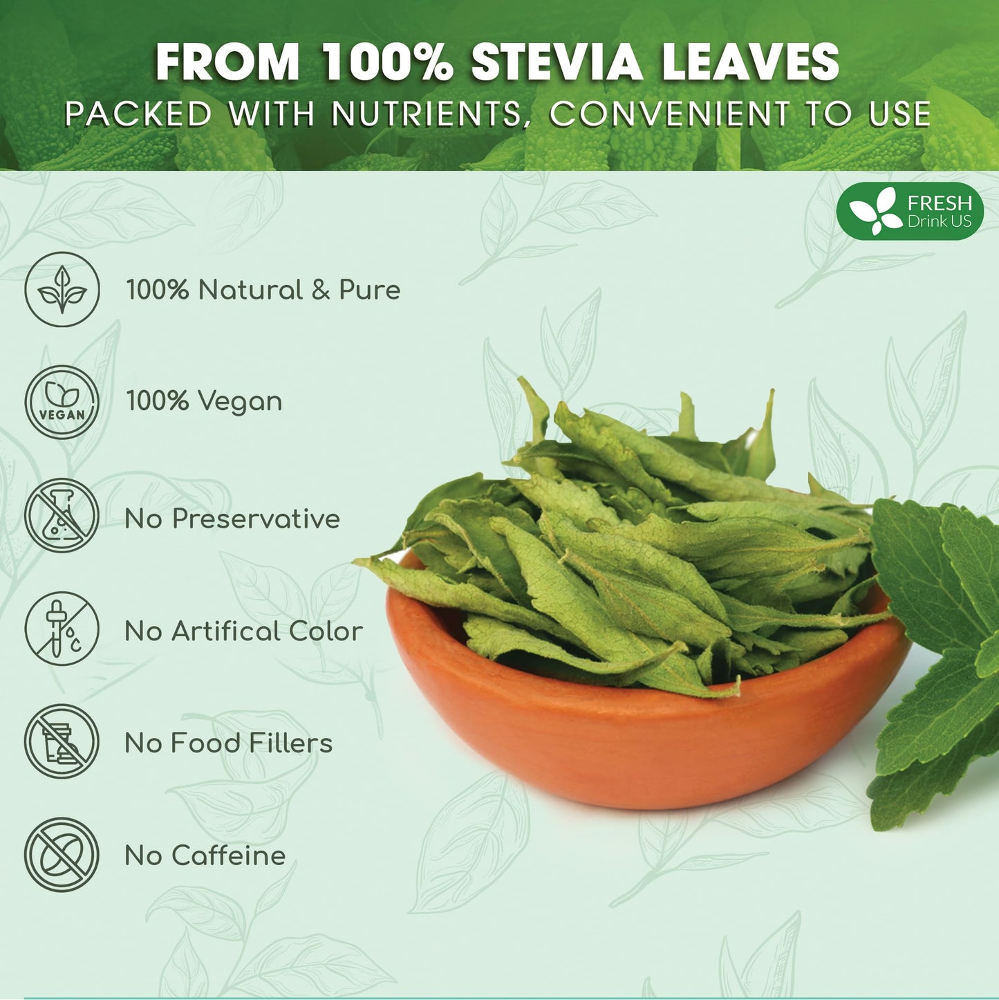 FRESHDRINKUS Premium Stevia Leaves, 100% Pure Dried, Zero Calorie Sweetener, 500 Count