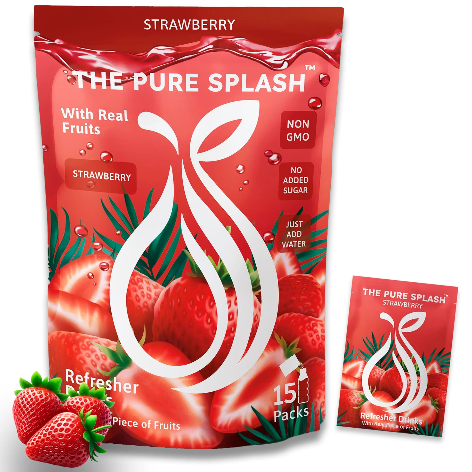 Refresher Drink Strawberry Splash - Natural Strawberry Mix with Real Fruit Pieces - Zero Sugar, Low-Calorie, Non-GMO - Hydrate B