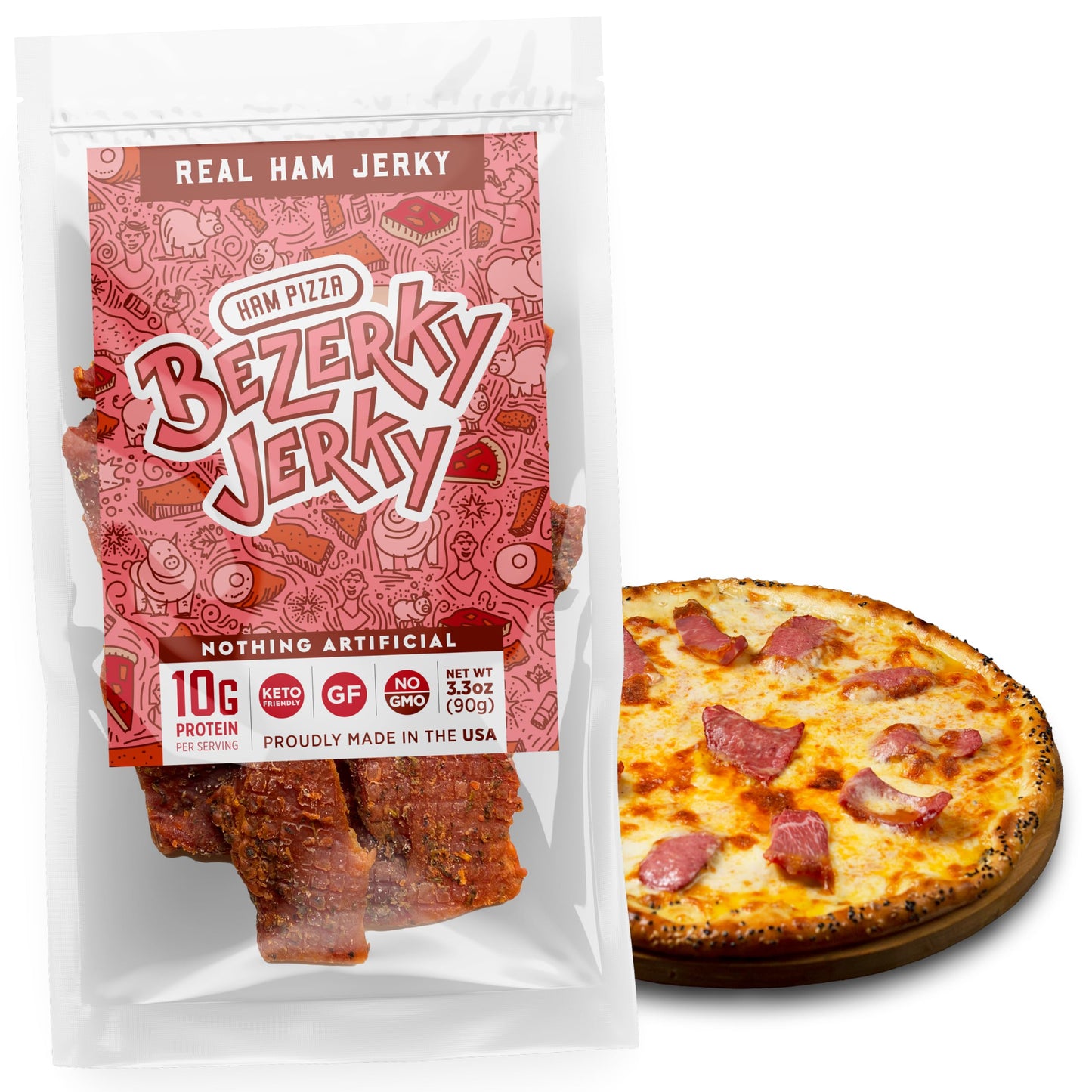 Bezerky Jerky Premium Ham Jerky - Gluten-Free, Non-GMO, Low Fat, High Protein, 3.3 Ounce, Small Batch, Ideal for Camping and Backpacking