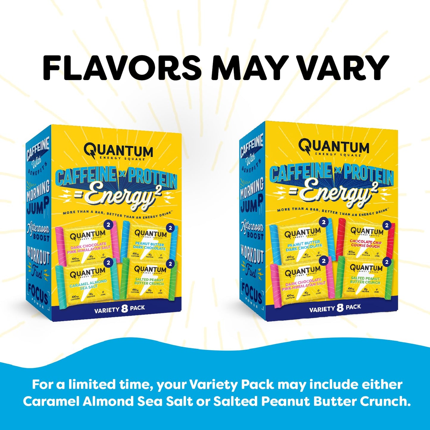 Quantum Energy Square: Energy Bar With Caffeine & 10G Protein. Delicious Healthy Snack On The Go. (Vegan, Gluten-Free, Soy-Free, Dairy-Free) (Variety 8-Pack)