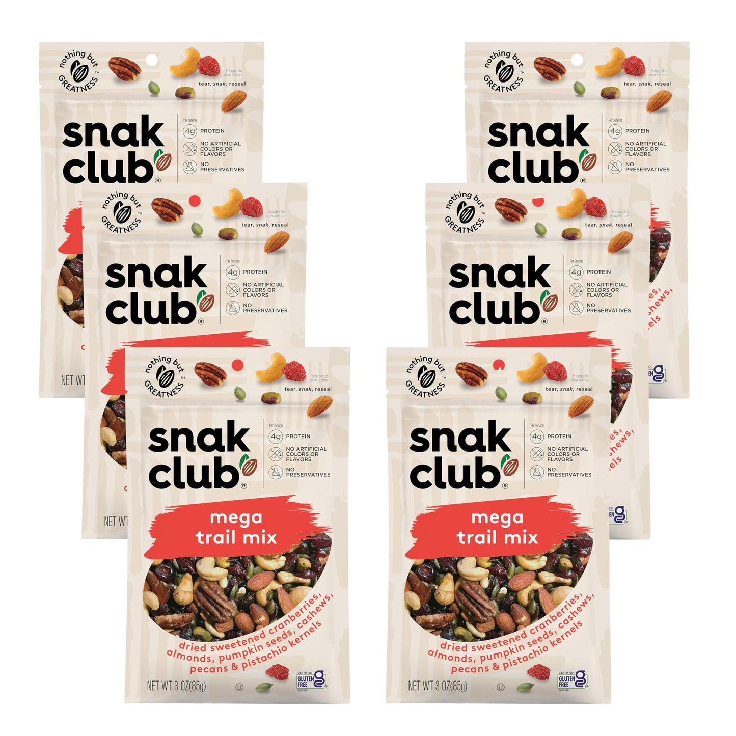 Snak Club Mega Trail Mix, Gluten-Free Snack with Cranberries, Almonds, Pumpkin Seeds, 3 oz Resealable Bags, 6 Pack
