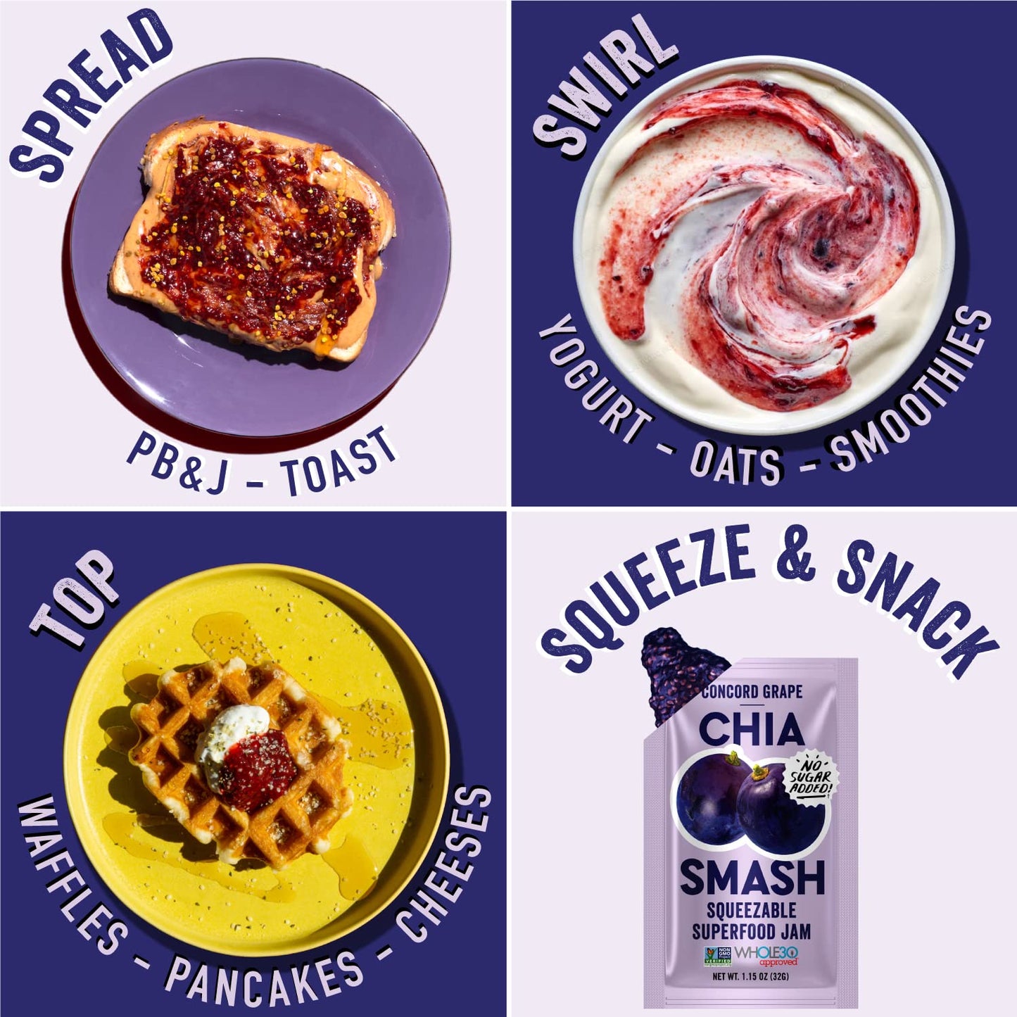 Chia Smash Concord Grape Jam Squeeze Packets | Natural, Keto & No Sugar Added | Vegan & Upcycled Fruit Spread | Low-Calorie, Sup