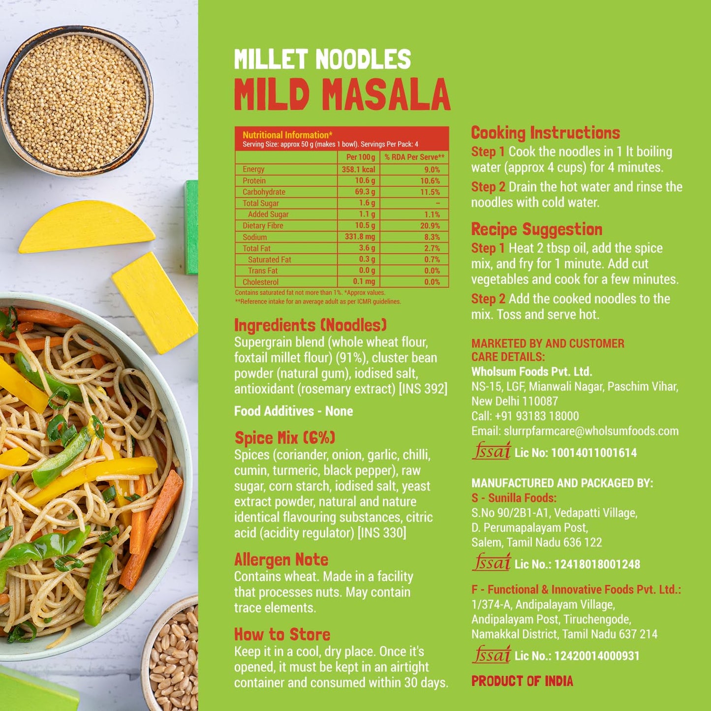 Slurrp Farm No Maida Hakka Noodles Combo, Not Fried, No Msg, Classic, Mild And Curry Masala Millet Noodles, Pack Of 3 X 192 G