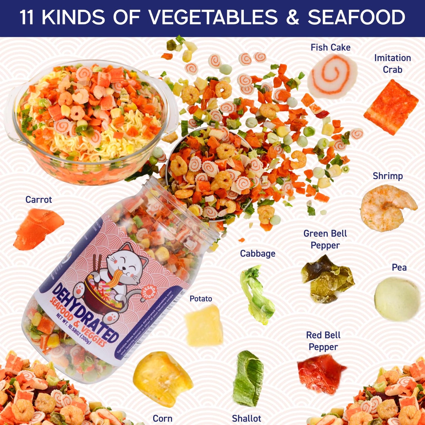 Dehydrated Freeze-Dried Seafood & Vegetable Mix - 100% Natural Ramen Toppings For Soups, 11 Mixed Ingredients, No Additions, Ide