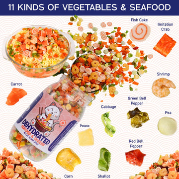 Dehydrated Freeze-Dried Seafood & Vegetable Mix - 100% Natural Ramen Toppings For Soups, 11 Mixed Ingredients, No Additions, Ide