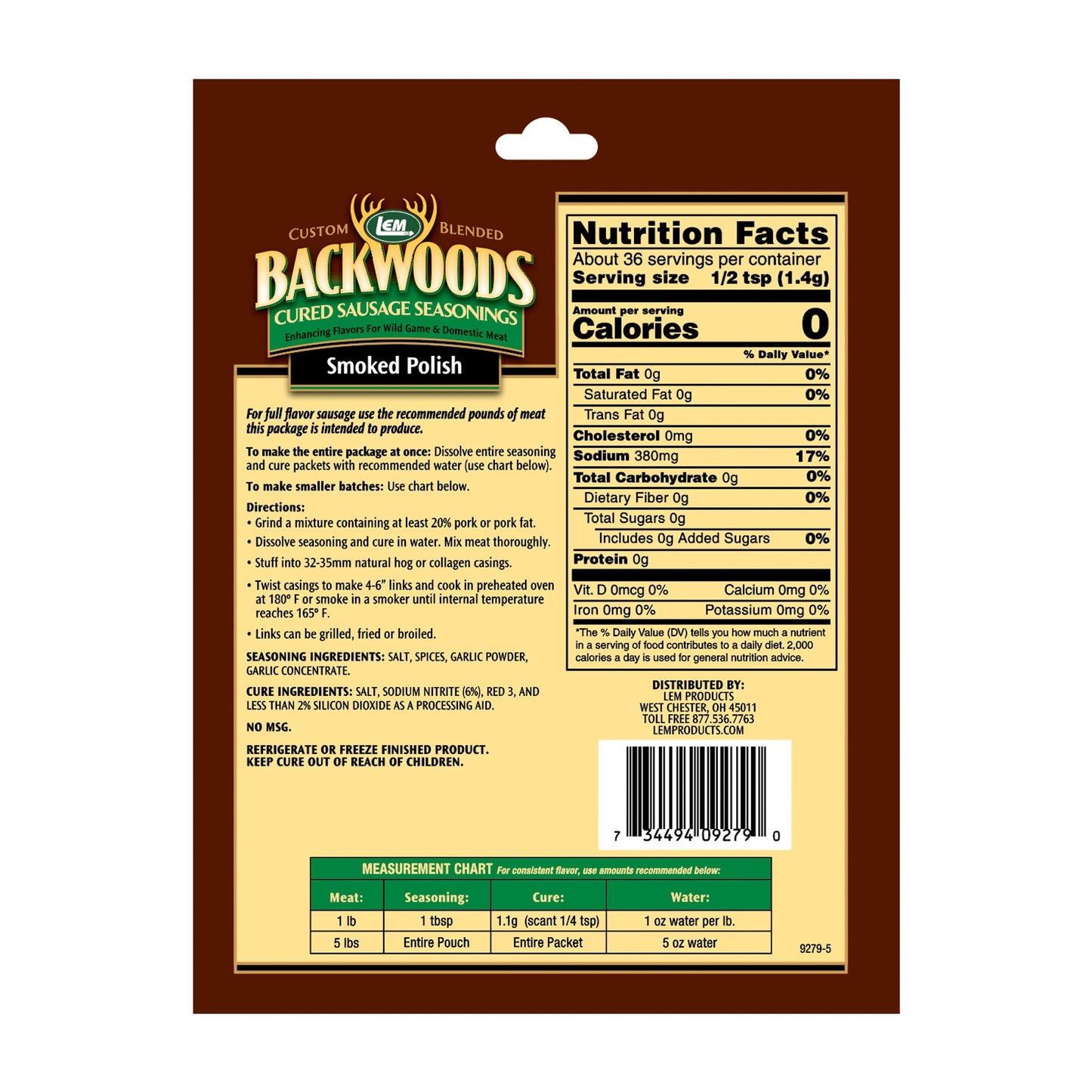 LEM Backwoods Cured Sausage Seasoning with Cure Packet, Smoked Polish, 9 Ounce